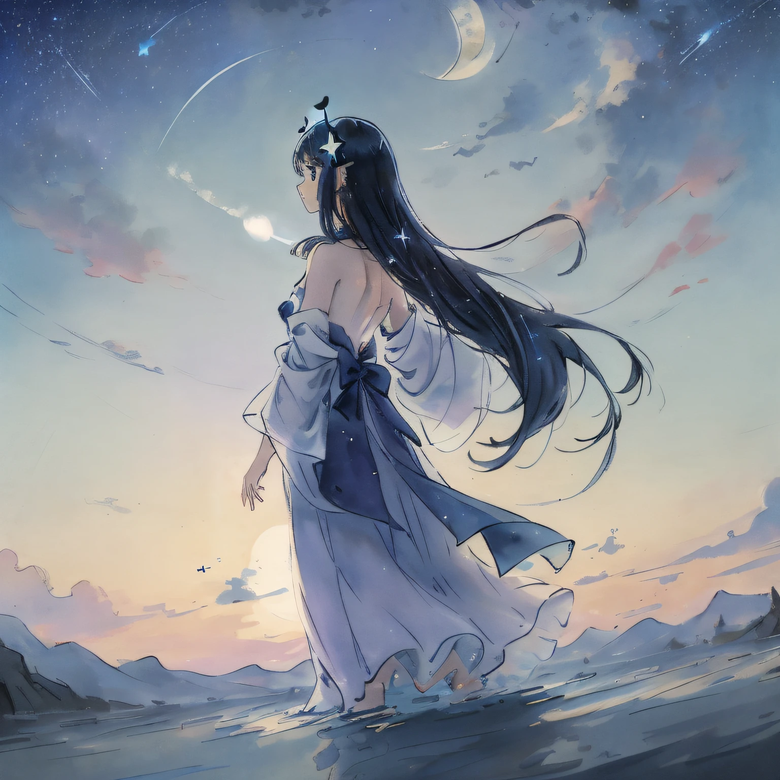 (masterpiece),(wallpaper), (best quality), (best illuminate, best shadow), (best illustration), dynamic angle,
(+++a girl+++) is walking in front of a delicate and beautiful moon-blue sky, solo, from side,
(Backlight), mid shot, (the beautiful and delicate girl:1.3), beautiful bare back, (detailed face:1.2), (long floating hair:1.2), (beautiful long dress:1.2), floating dress,
the girl (walking) on surface of the water, Beautiful and delicate violet light water surface, reflective water surface,
High saturation blue clouds and (stars sky) in the background, cold color