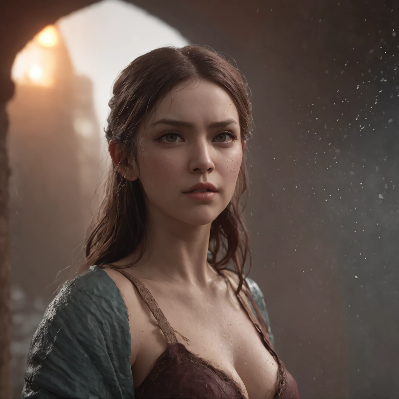 (Renderizado 3D profesional:1.3) de (realista:1.3) The most beautiful art photo in the world，Features soft and bright female heroes, ((Epic hero fantasy rough woman wet hero angry look long hair fierce expression in dynamic pose, Fantastic location, majestuosa entorno desordenado)), Renderizado 8k Unity de cuerpo completo, action shot, poro de la piel, very dark lighting, Sombreado pesado, Detallado, Cara detallada, (Vibrante, Realistic photography, realista, dramatic, oscuro, foco nítido, 8k), (Old leather garments damaged by weathering:1.4), ((((Use pieles)))), (intrincado:1.4), decadente, (Altamente detallado:1.4), Pintura digital, Renderizado por Octane, Estaciones de arte, Concepto-Arte, Suave, foco nítido, illustration, Arte Germen, (loish:0.23), WLOP Ilya Kuvshinov, y Greg Rutkowski y Alphonse Mucha gracias, (global ilumination, Luz de estudio, Light Volumetric), fuertes lluvias, particles floating, LotR, fantasy, Once, cuerpo completosbian, ((Fondo oscuro y antiguo de la ciudad:1.3)),CGSesociety,Estaciones de arte