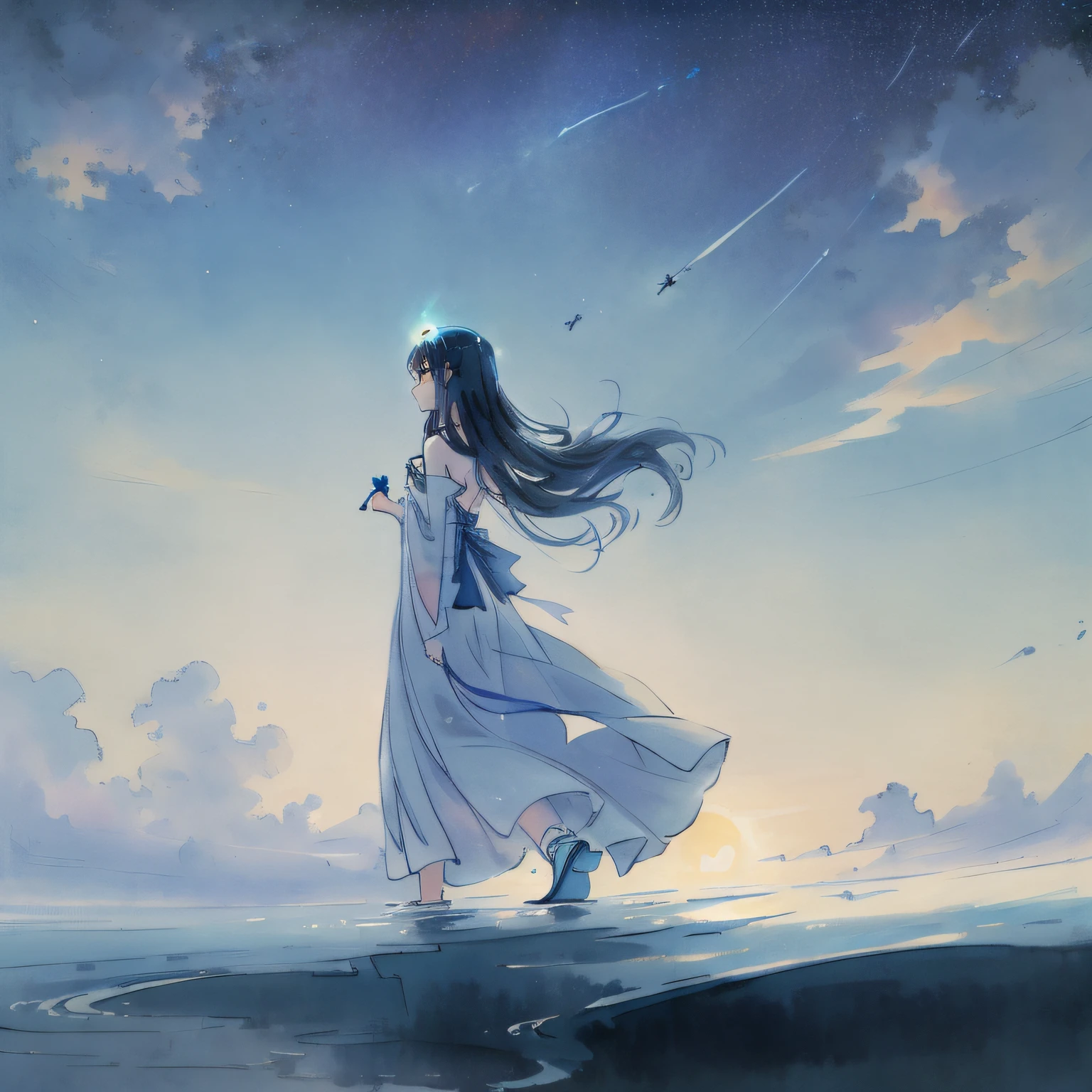 (masterpiece),(wallpaper), (best quality), (best illuminate, best shadow), (best illustration), dynamic angle,
(+++a girl+++) is walking in front of a delicate and beautiful moon-blue sky, solo, from side,
(Backlight), mid shot, (the beautiful and delicate girl:1.3), beautiful bare back, (detailed face:1.2), (long floating hair:1.2), (beautiful long dress:1.2), floating dress,
the girl (walking) on surface of the water, Beautiful and delicate violet light water surface, reflective water surface,
High saturation blue clouds and (stars sky) in the background, cold color