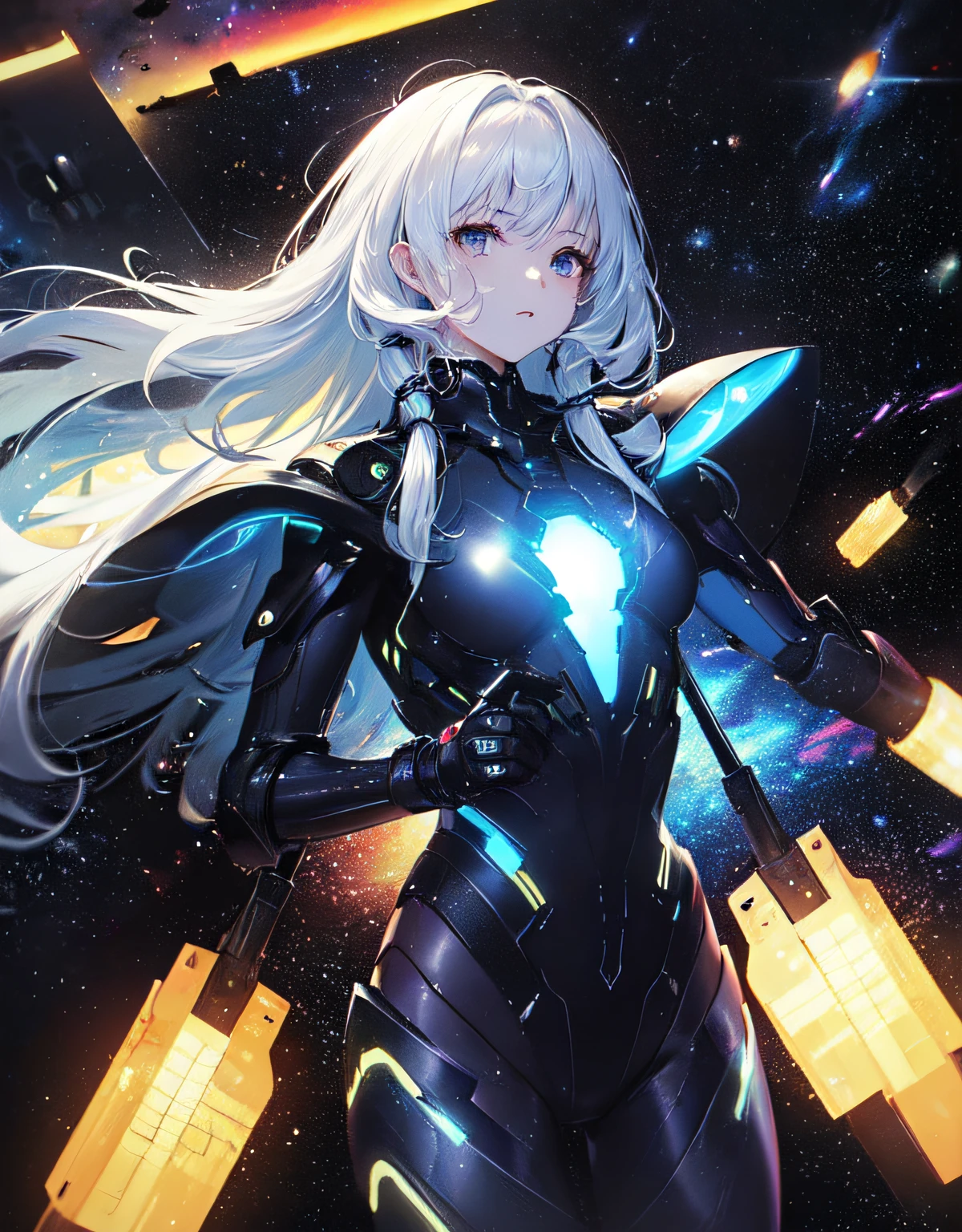 (​masterpiece、top-quality、top-quality、Official art、ighly detailed、Beautifully Aesthetic:1.2)、(1girl in),cosmic space、cyberpunked、Future Space Combat Suits、((nebulas))、Delicate Light、Intuitive、Precise focus、cinema4d、Dramatic、