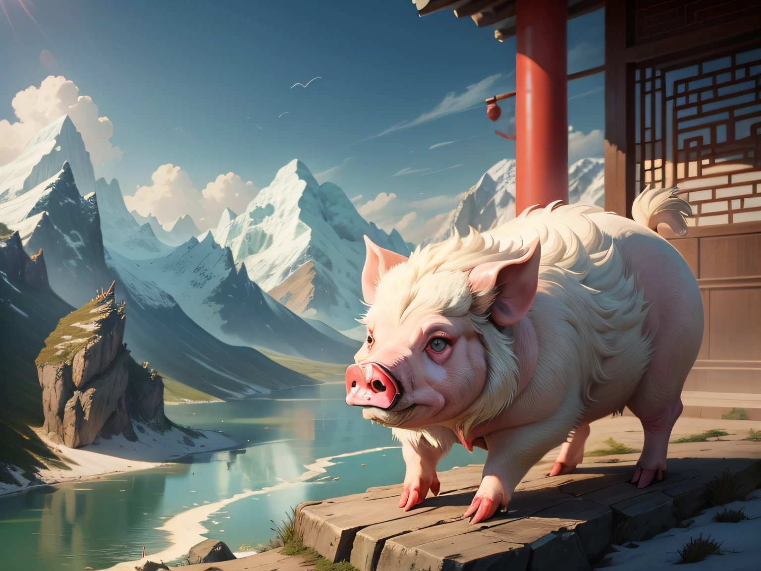 Chinese mythology and stories，Inspired by the Classic of Mountains and Seas，Close-up of a pig with chicken feet