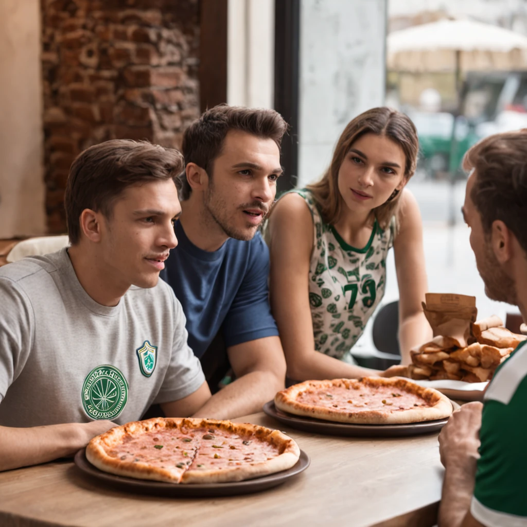 (men talking:1.2,women talking:1.2,pizza on table),(restaurant background,table with checkered cloth:0.9),(soccer t-shirts:0.9,dressing Palmeiras soccer t-shirts:1.1),(3 men,1 woman),(pt)