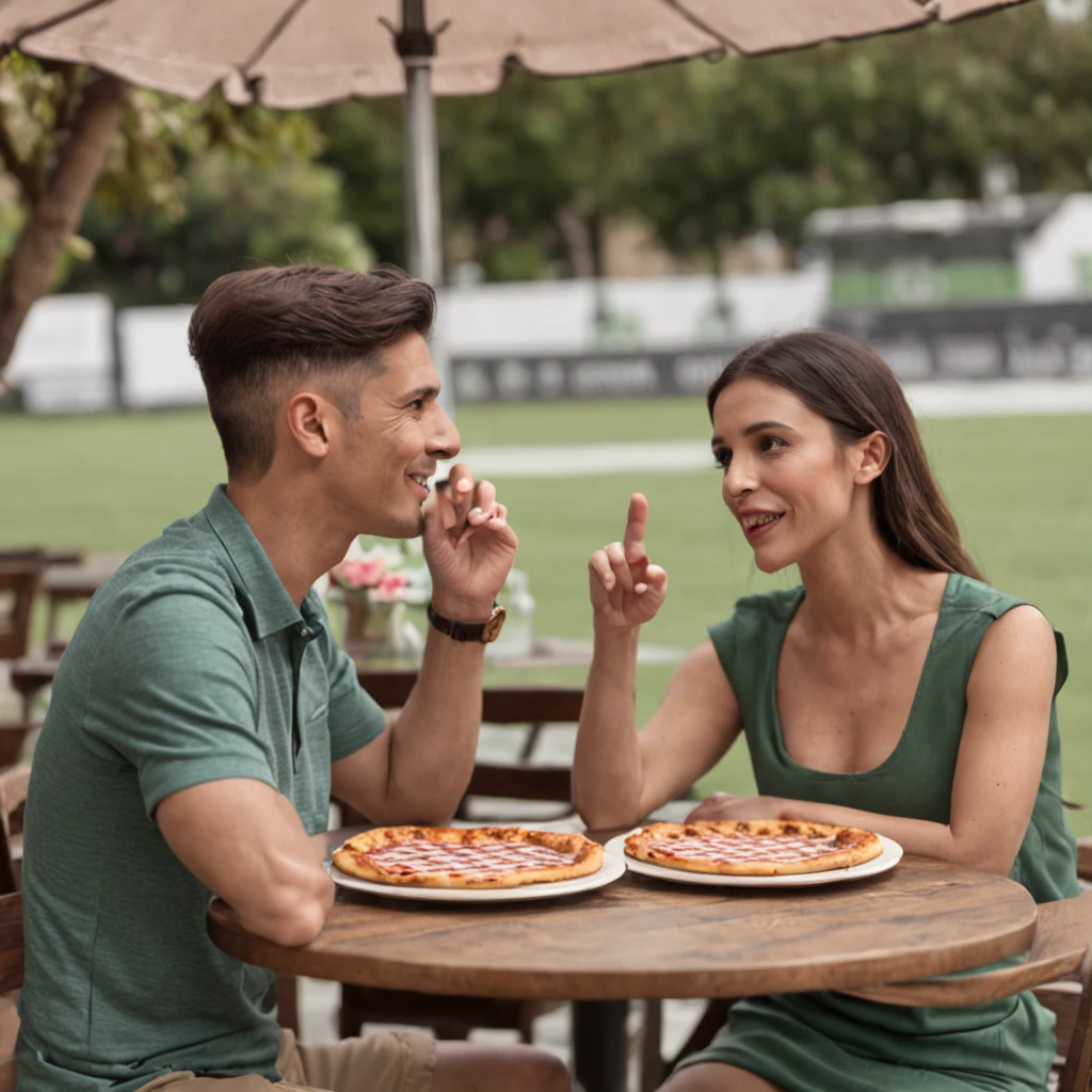 (men talking:1.2,women talking:1.2,pizza on table),(restaurant background,table with checkered cloth:0.9),(soccer t-shirts:0.9,dressing Palmeiras soccer t-shirts:1.1),(3 men,1 woman),(pt)