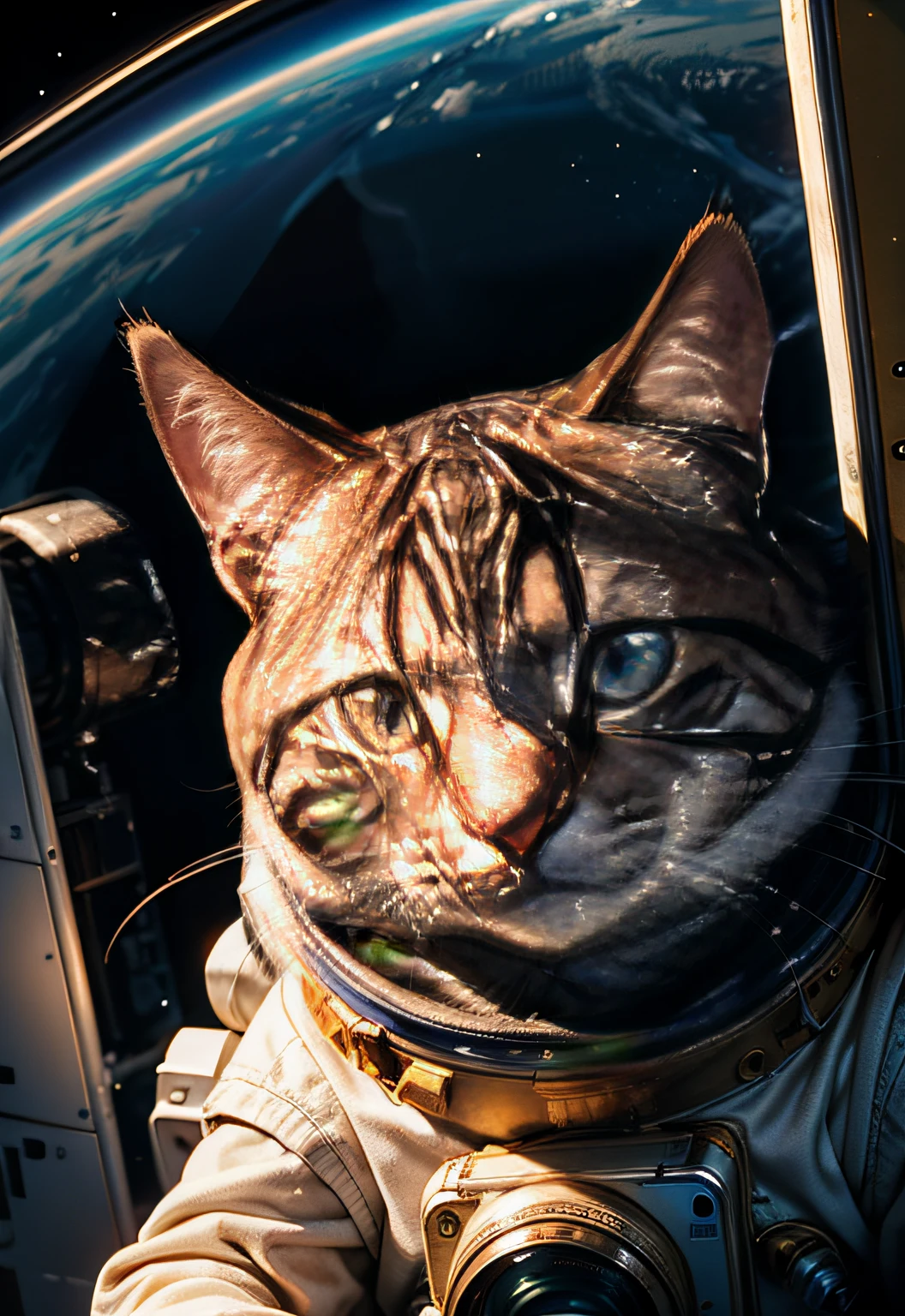 masterpiece、top-quality、top-quality、Close-up photo of a cat in a spacesuit floating in space、ighly detailed、colourfull、highestdetailed、frontage