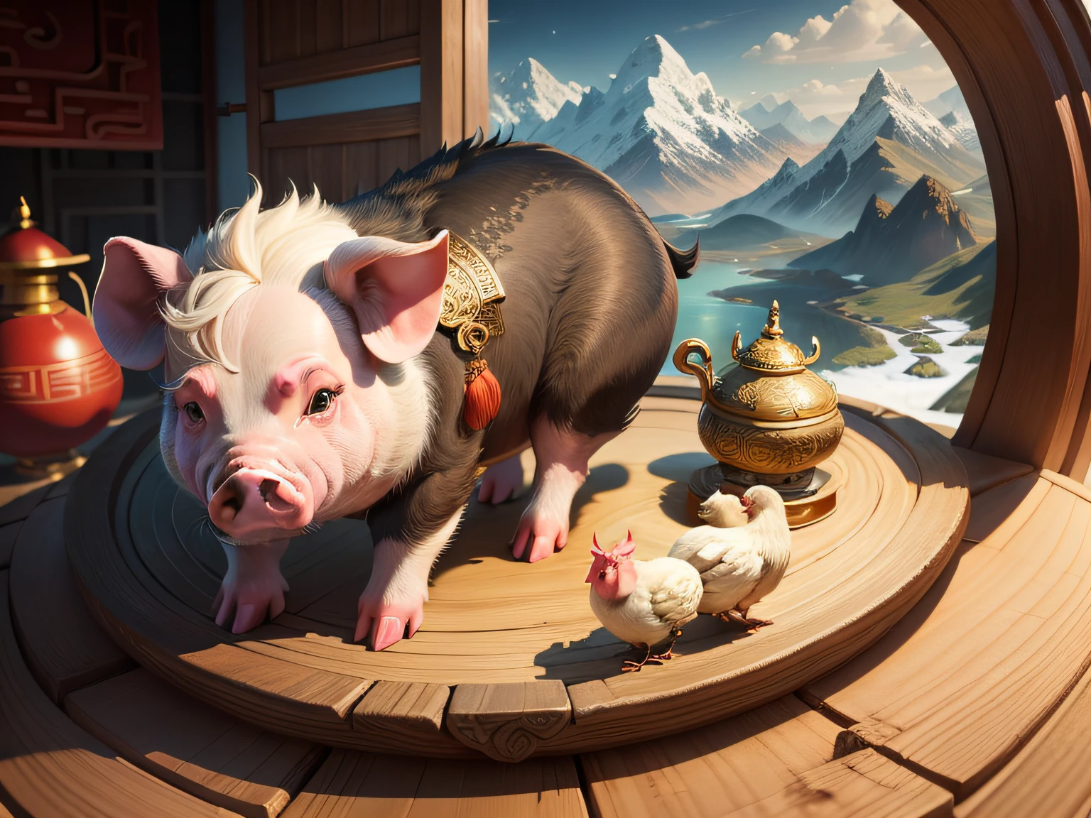 Chinese mythology and stories，Inspired by the Classic of Mountains and Seas，Close-up of a pig with chicken feet