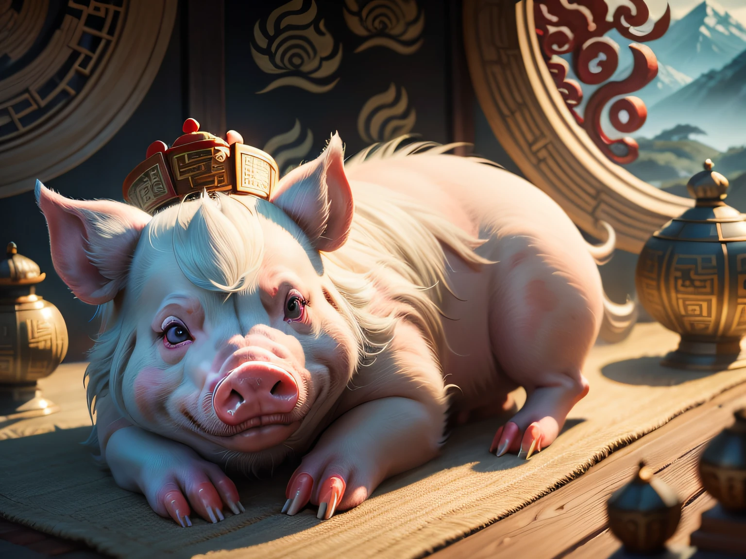 Chinese mythology and stories,Inspired by the Classic of Mountains and Seas,Close-up of a pig with chicken feet