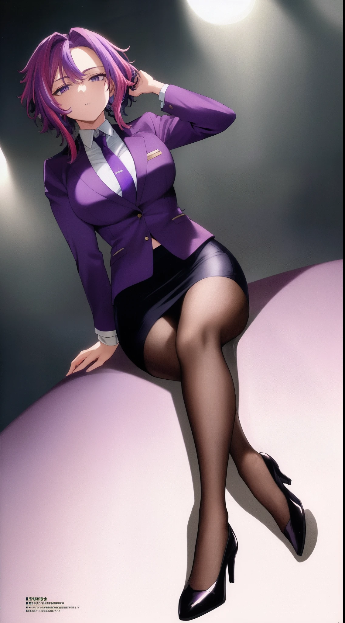 scan, (extremely detailed CG unity 8k wallpaper:1.1), highres, (1girls), lady nagant, boku no hero academia, (purple hair), (multicolored hair), (purple eyes), business suit, blazer, pencil skirt, high heels, full body, breasts, sitting