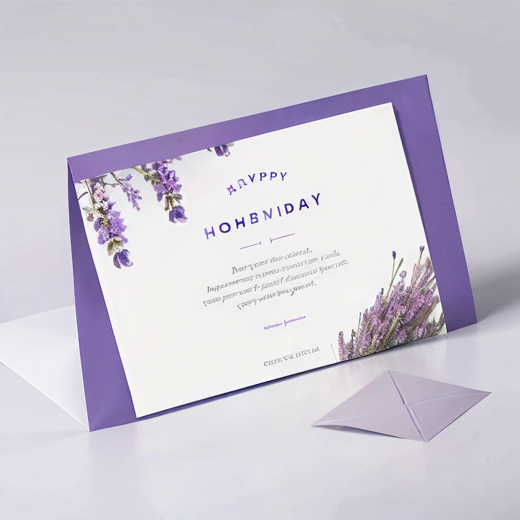 A modern Birthday greeting card design , , white background, lavender, realistic, minimal design