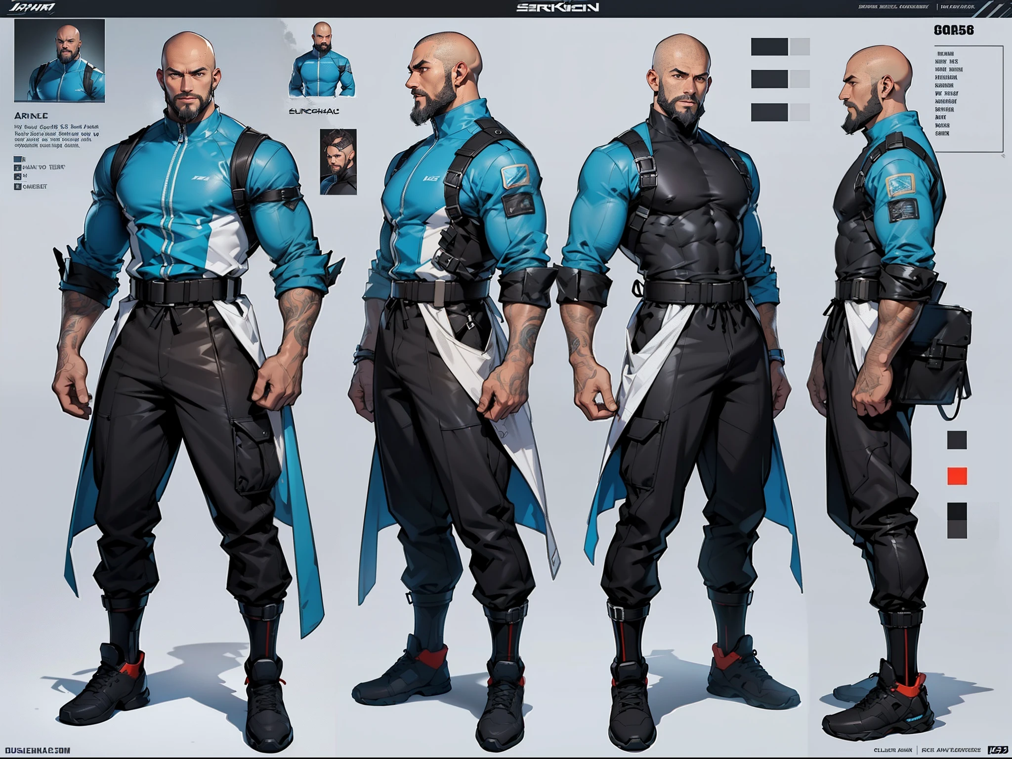 (((A detailed character sheet))), ((Character concept art)), ((Character design sheet, same character, front, side, back)), ((Futuristic Scandinavian spaceship clothes)), Tiled equipment, ((Muscular man)), Many parts, ((Black skin)), ((Bald with a stylish beard)), ((Full body)), Smooth skin, (((represents a 35-year-old man))), (Masterpieces: 1, 2), Best quality, Masterpiece, High resolution, Original, Extremely detailed wallpaper, Perfect lighting, (Very detailed CG: 1.2).