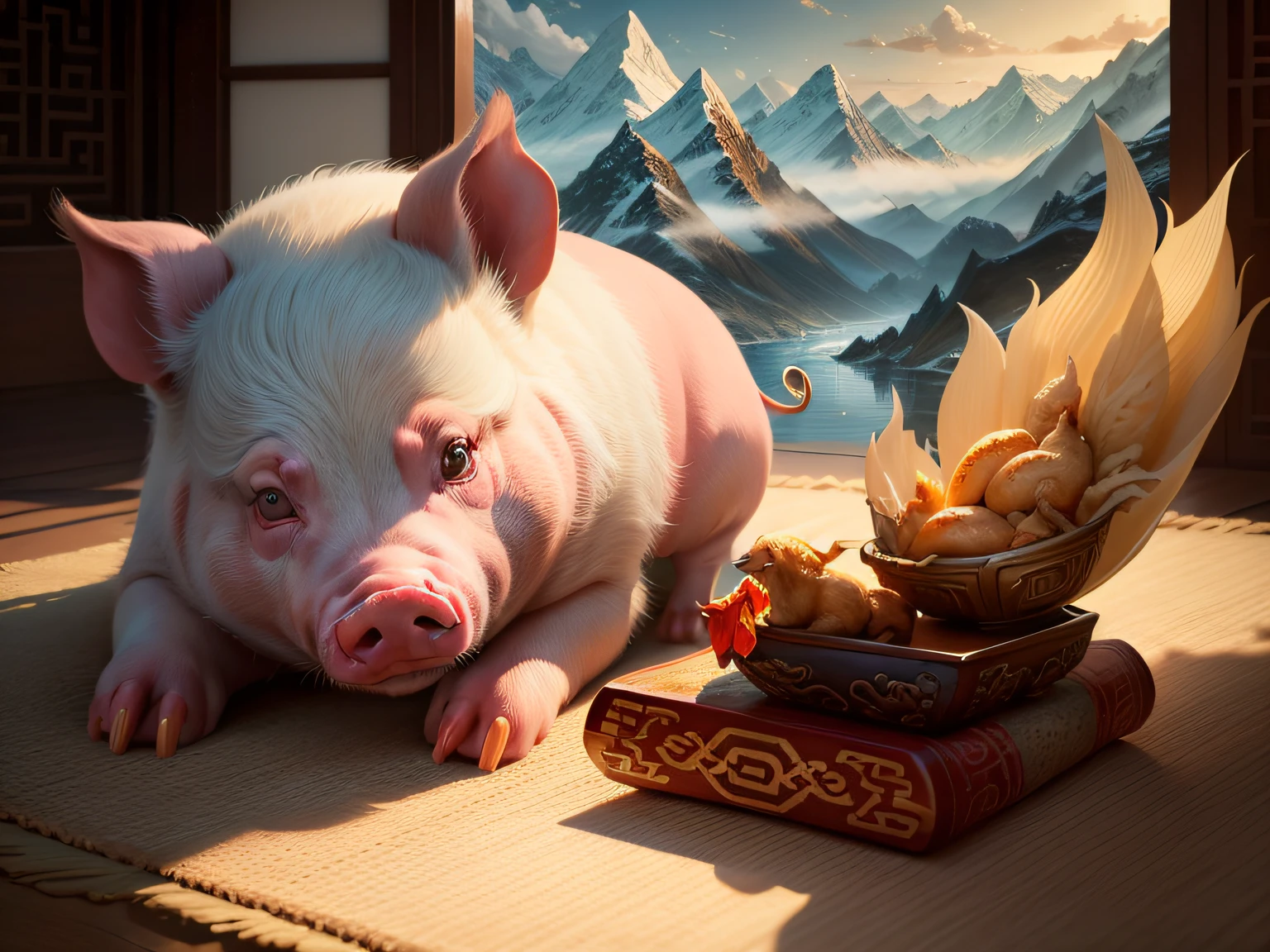 Chinese mythology and stories，Inspired by the Classic of Mountains and Seas，Close-up of a pig with chicken feet