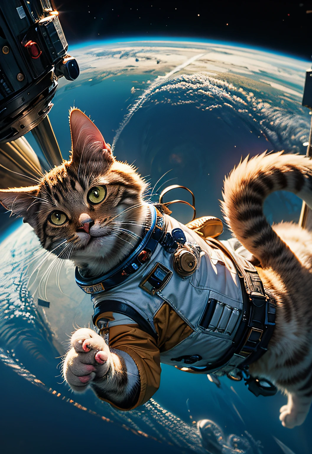 ​masterpiece、top-quality、top-quality、Cat in a spacesuit floating in space、ighly detailed、colourfull、highestdetailed、frontage