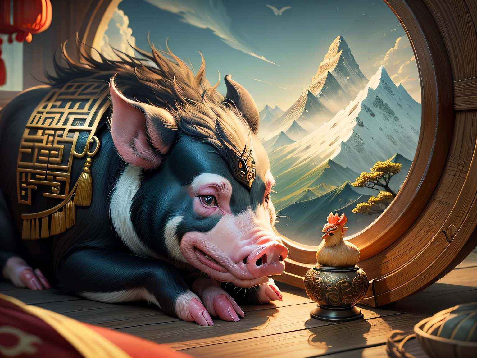 Chinese mythology and stories，Inspired by the Classic of Mountains and Seas，Close-up of a pig with chicken feet