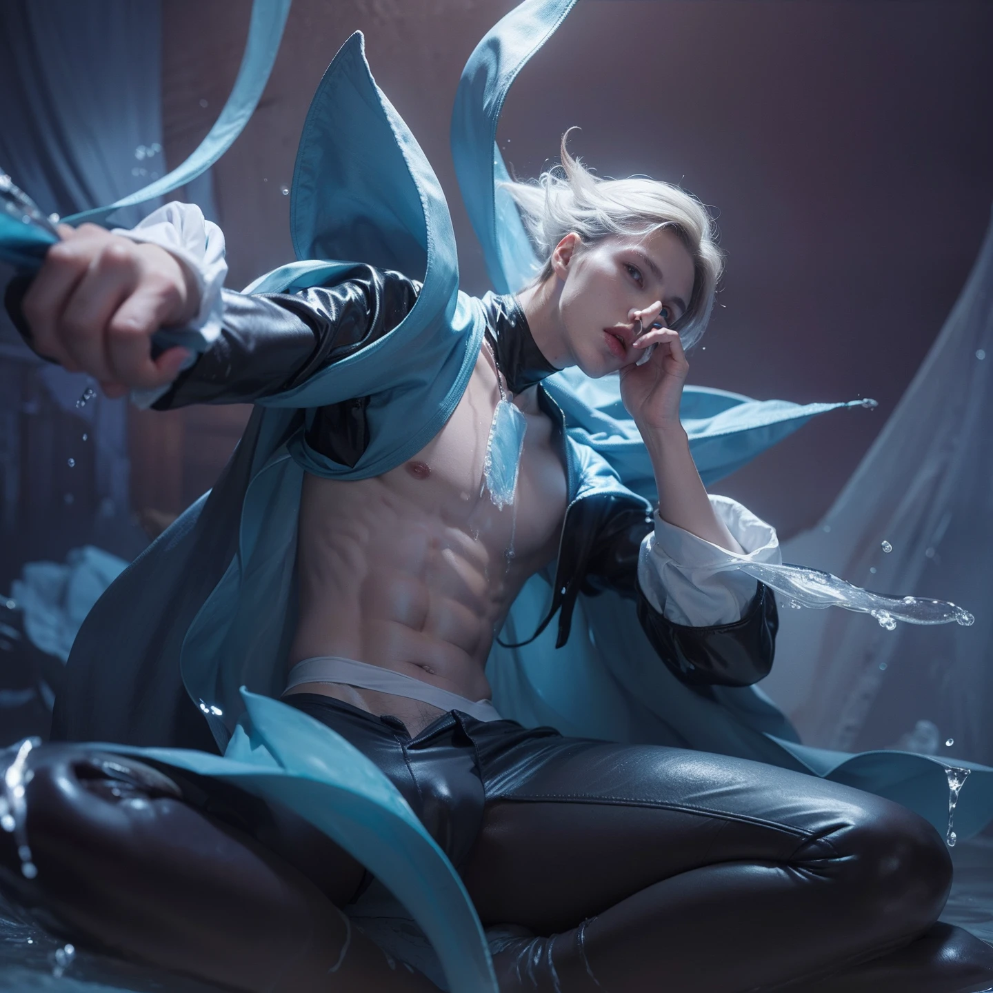 best quality, masterpiece, (photorealistic:1.4), 1boy , shirt with collars, waist up, dramatic lighting, from below , handsome, sixpack, charming, cute, white skin, naked,Not wearing underwear , male genitalia exposed, large long veined hard erect male genitalia, short white hair, Blue eyes,Body covered with transparent viscous white fluid and sperm, oral sex, sucking male genitalia, water magic ,Cloak made of water, Naked, bare chest,Super tight mini panties , perfect eyes ,Conductor , blue light magic