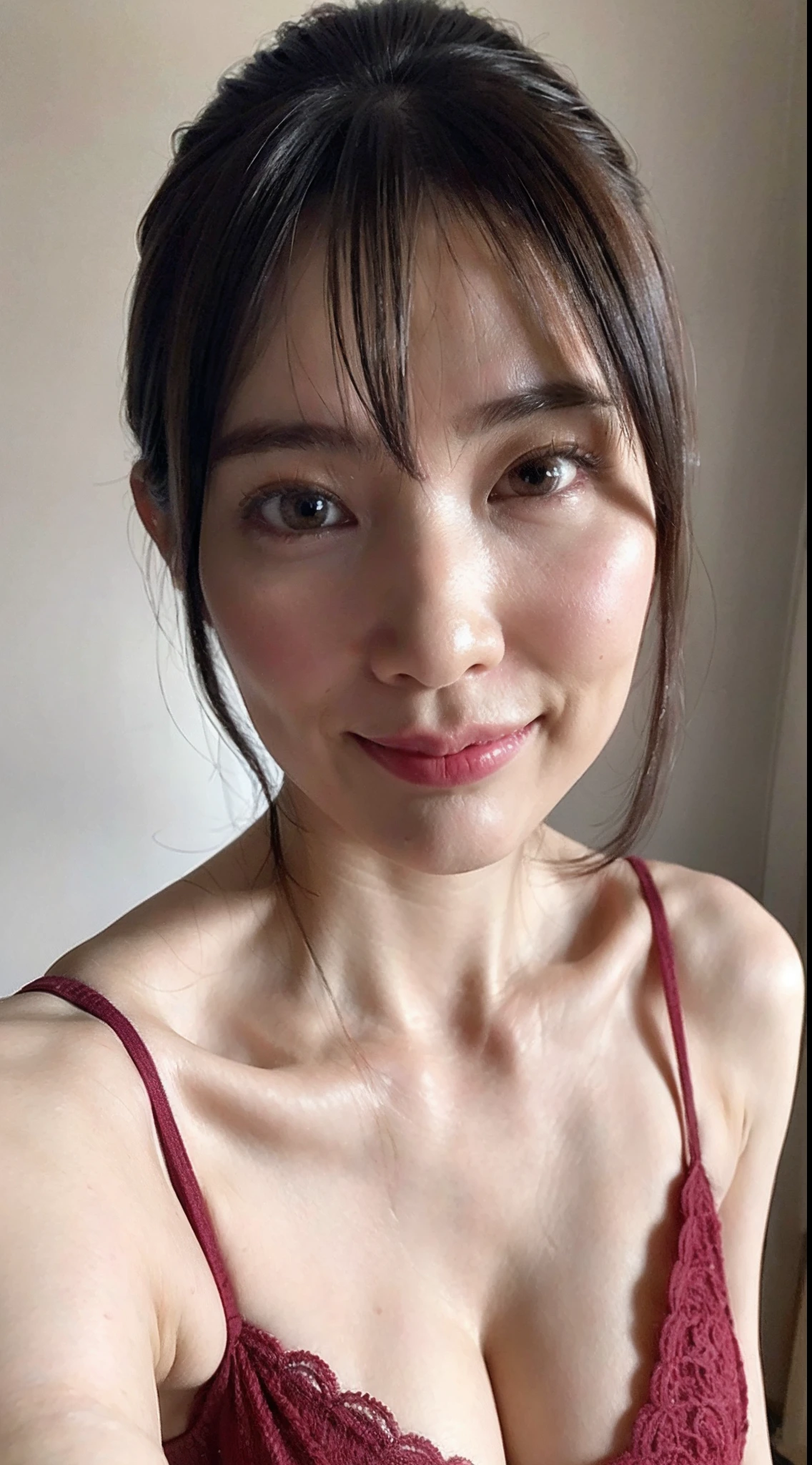 ((Best picture quality, 8K, tmasterpiece:1.3)), 1girll, Beautiful woman with slender abs:1.3, (Casual hairstyle, :1.2), Pink low-cut bra,Super large,The skin is very white,Ultra-fine face, A detailed eye, 二重まぶた,ssmile。Take pictures in cute poses,The figure is very bad,tiny small waist,Super big breasts,Close-up,Close-up chest,White-skinned,The background is casual,Close-up Shot Shot