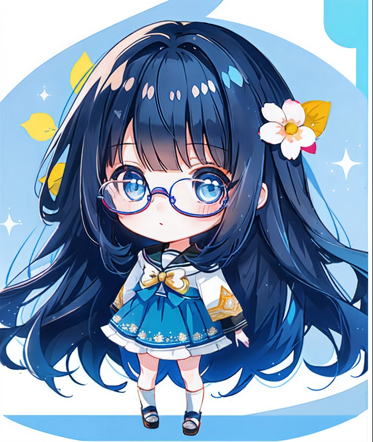 1girl, (dark blue hair, long hair, blunt bangs, blue eyes, round specs), white background, simple background,  cb_version, chibi, chibi version of anime girl