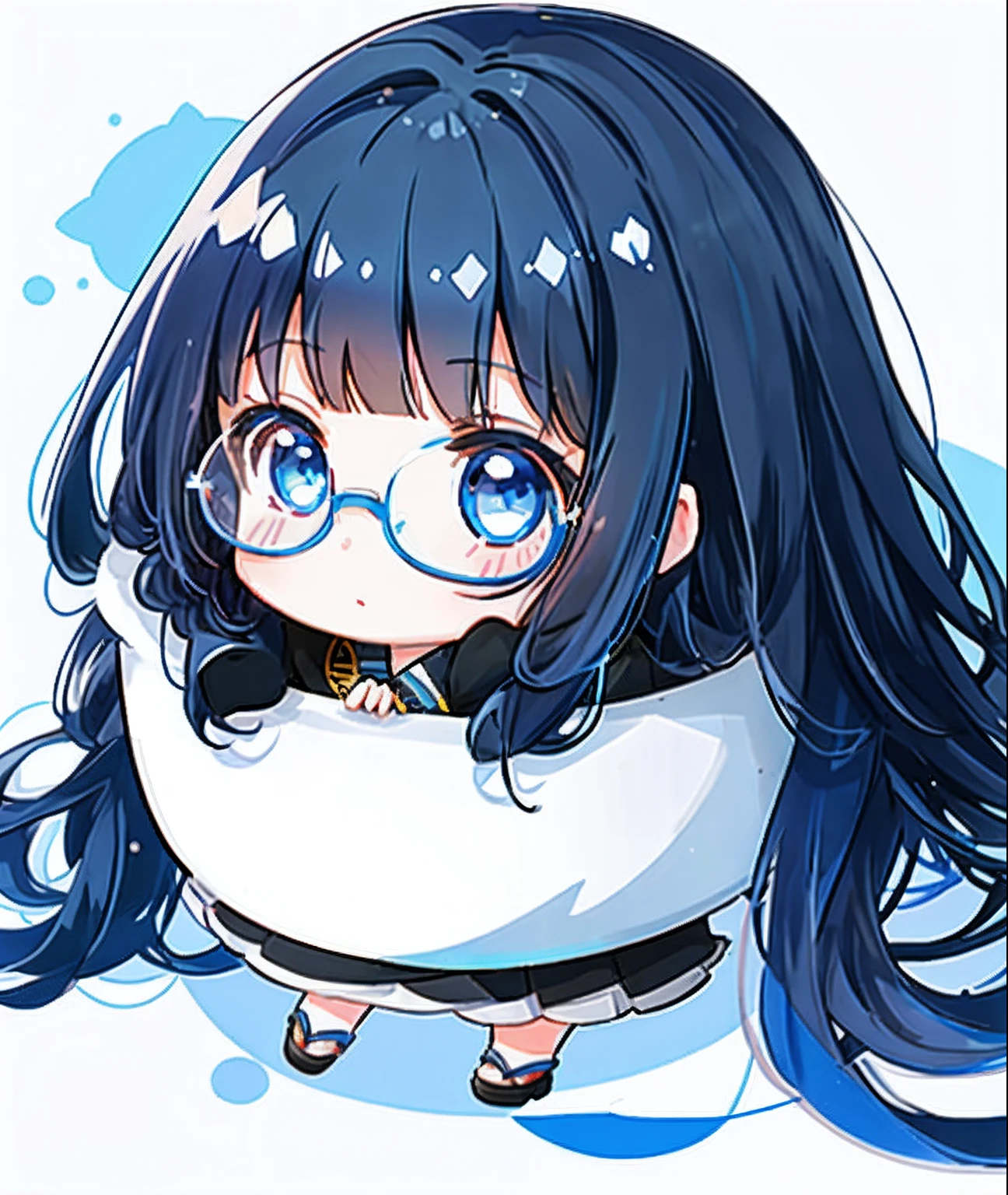 1girl, (dark blue hair, long hair, blunt bangs, blue eyes, round specs), white background, simple background, cb_version, chibi, chibi version of anime girl
