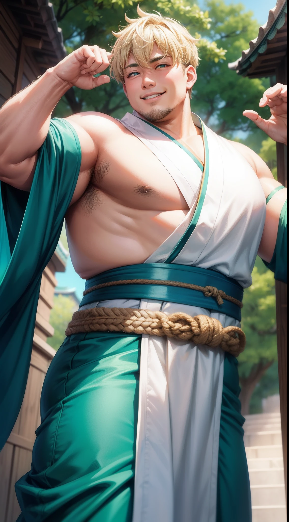 Adult Fat Man, short blonde hair, Cyan eyes, Green Hanfu sleeveless, Drunken Master, Smile, Masterpiece, hiquality