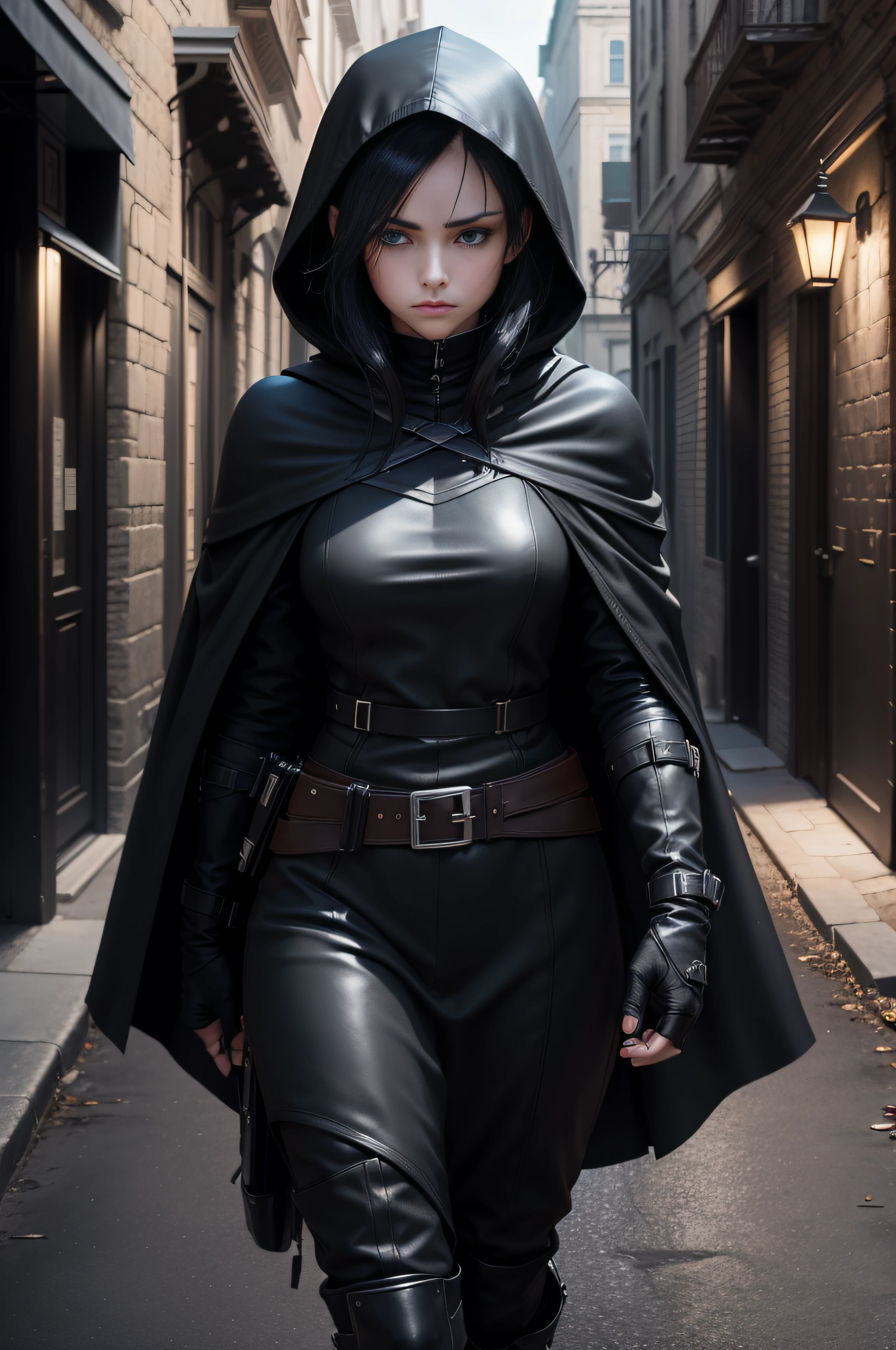 Woman, Thief, Thief, Assassin, Black jacket, Black cause, Black cloak, Black glove, Black boots, Black hood, Medieval city at night, Dark night, Full loa, Blue eyes, Black hair, Long hair, Serious face, Without smiley (RAW photo)(8k UHD)(DSLR)(soft lighting)(high quality)(filmic grain)(Fujifilm XT3)(master piece, full body, Highest quality, photorealistic, highly detailed, octane rendering, unreal engine , HD 8K, soft cinematic light, hyper-detailed, hyper-realistic skin texture, best quality, ultra high resolution, soft tones, look at viewer, realistic 3d anime)(human, female, white, pale skin, blue eyes, black hair, Challenging look, serious look, serious face, don't smile, Assassin, Assassin Suit, Rogue, Rogue, black clothing, black cape, Black cape with hood, Black Hood, long hair, very thin, 16 years old, black jacket, black pants)(((black hair))).