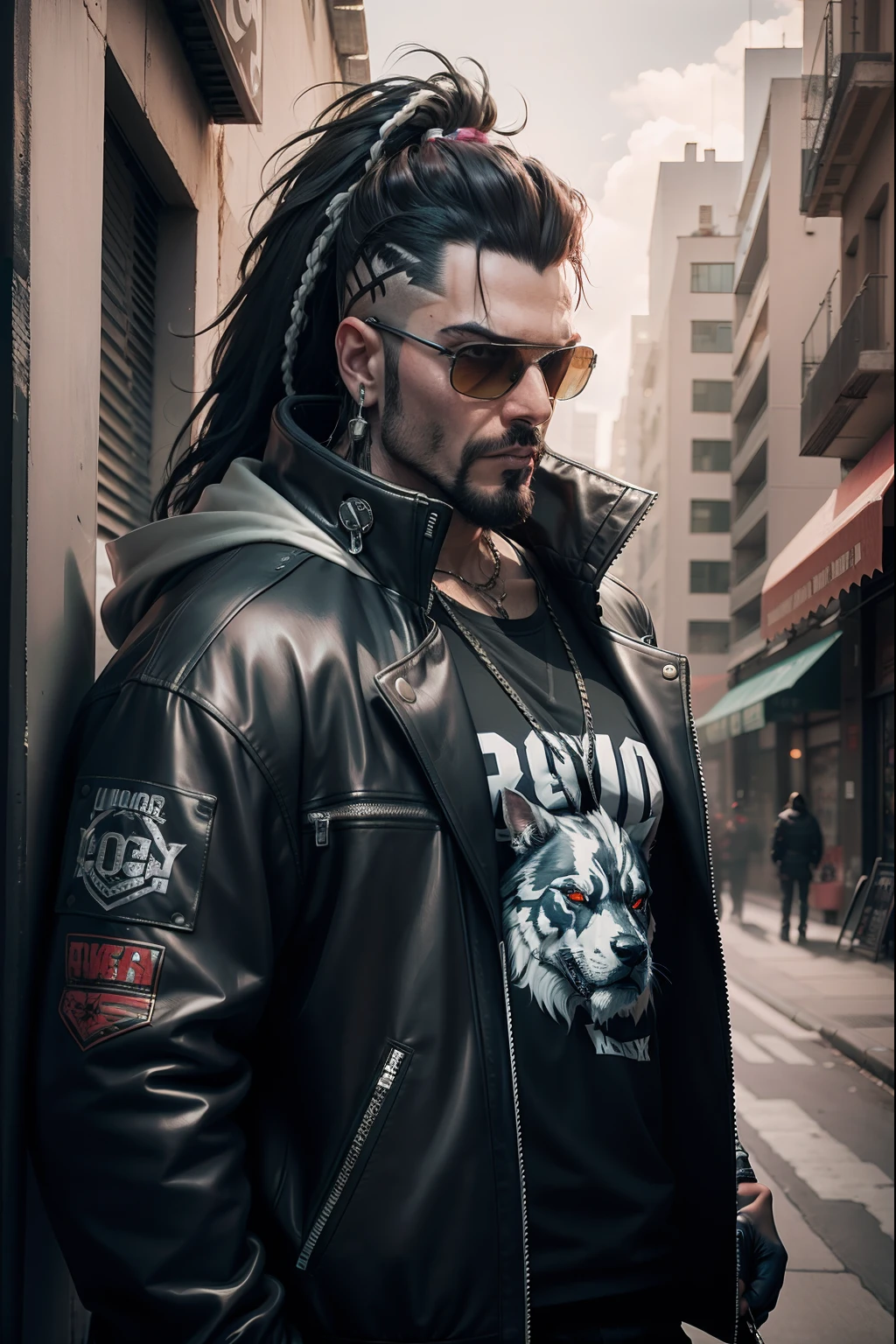 Lobo usando jaqueta hip hop, urbano, cyberpunk,
