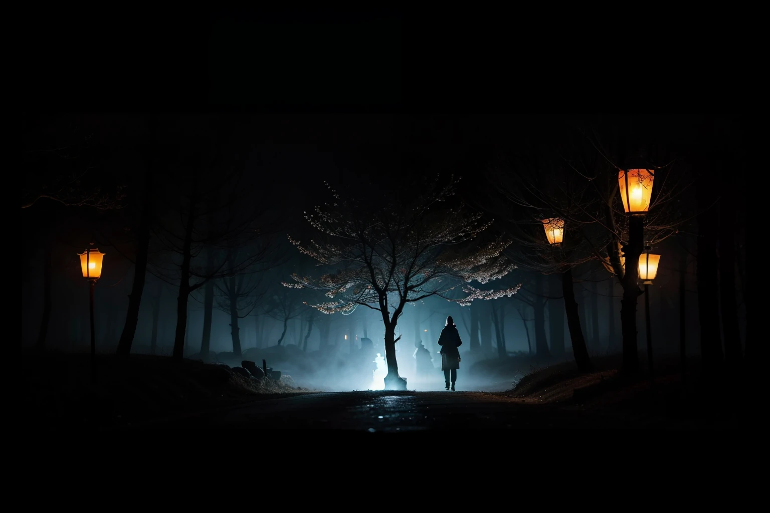 Chinese Ghost Festival,Middle Metaverse,The breath of a ghost,Street chiaroscuro at night,Spooky branch texture and detailed depiction of Chinese lanterns,Transparent ghosts float in the smoke,Lanterns hanging from trees,There are flowers on it, shadowy lighting,Background bokeh,depth of fields,Soft lighting,Aesthetic lighting, Cool lighting,Peaceful and scary atmosphere,Mysterious and dark,Detailed lighting effects,Soft color transitions,