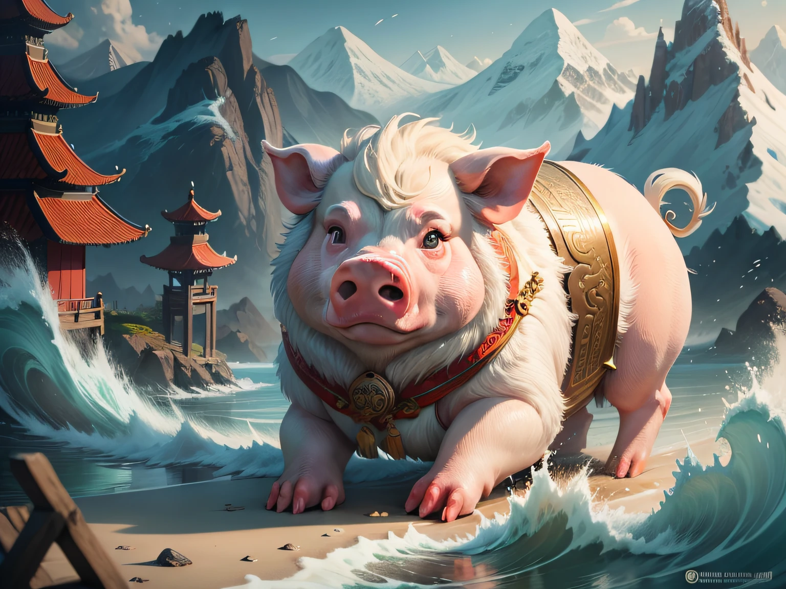 Chinese mythology and stories，Inspired by the Classic of Mountains and Seas，Close-up of a pig with chicken feet