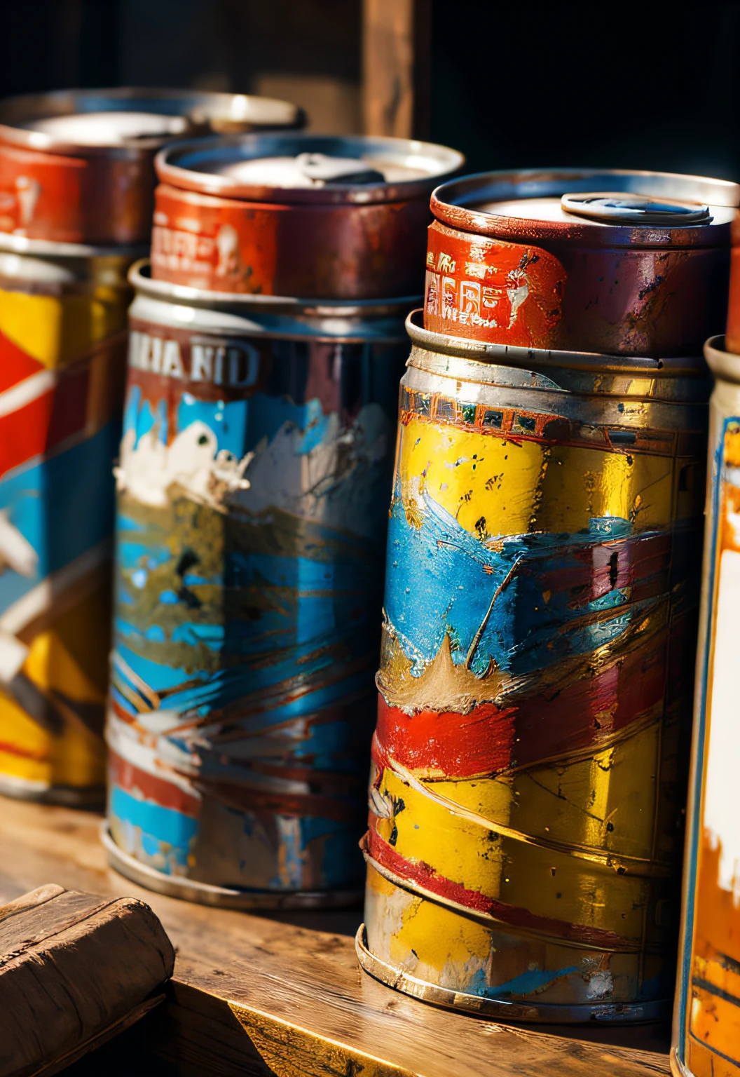 masterpiece、top-quality、top-quality、Close-up photo of 3 colorful rusty oil cans、ighly detailed、colourfull、highestdetailed、frontage