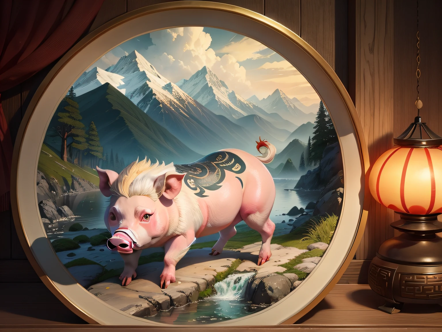 Chinese mythology and stories,Inspired by the Classic of Mountains and Seas,Close-up of a pig with chicken feet