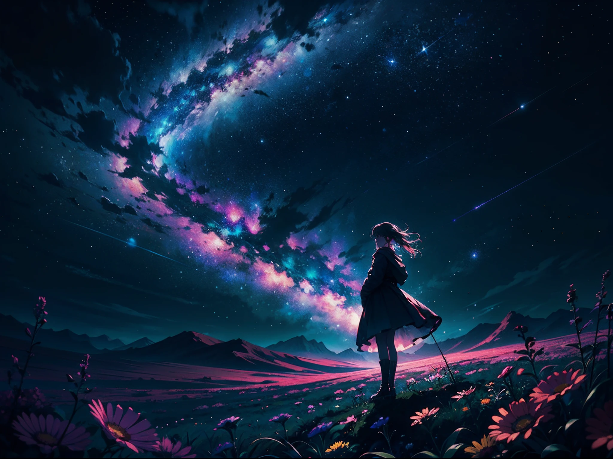 4k Landscape, beautiful stars at background, looks like a dream, sky looking extremely beautiful, ultra resolution, perfect lighting, Dark space, space photo, extremely beautiful, fantasy world, girl standing on flowers, looking at the sky, dark vibes, perfect color grading, a planet at the sky