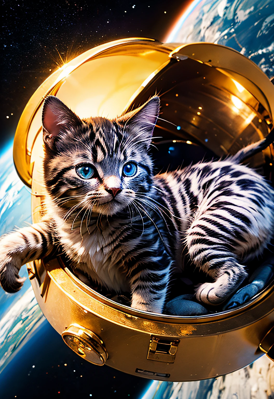 masterpiece、top-quality、top-quality、Cute kitten in spacesuit floating in space、ighly detailed、colourfull、highestdetailed、frontage