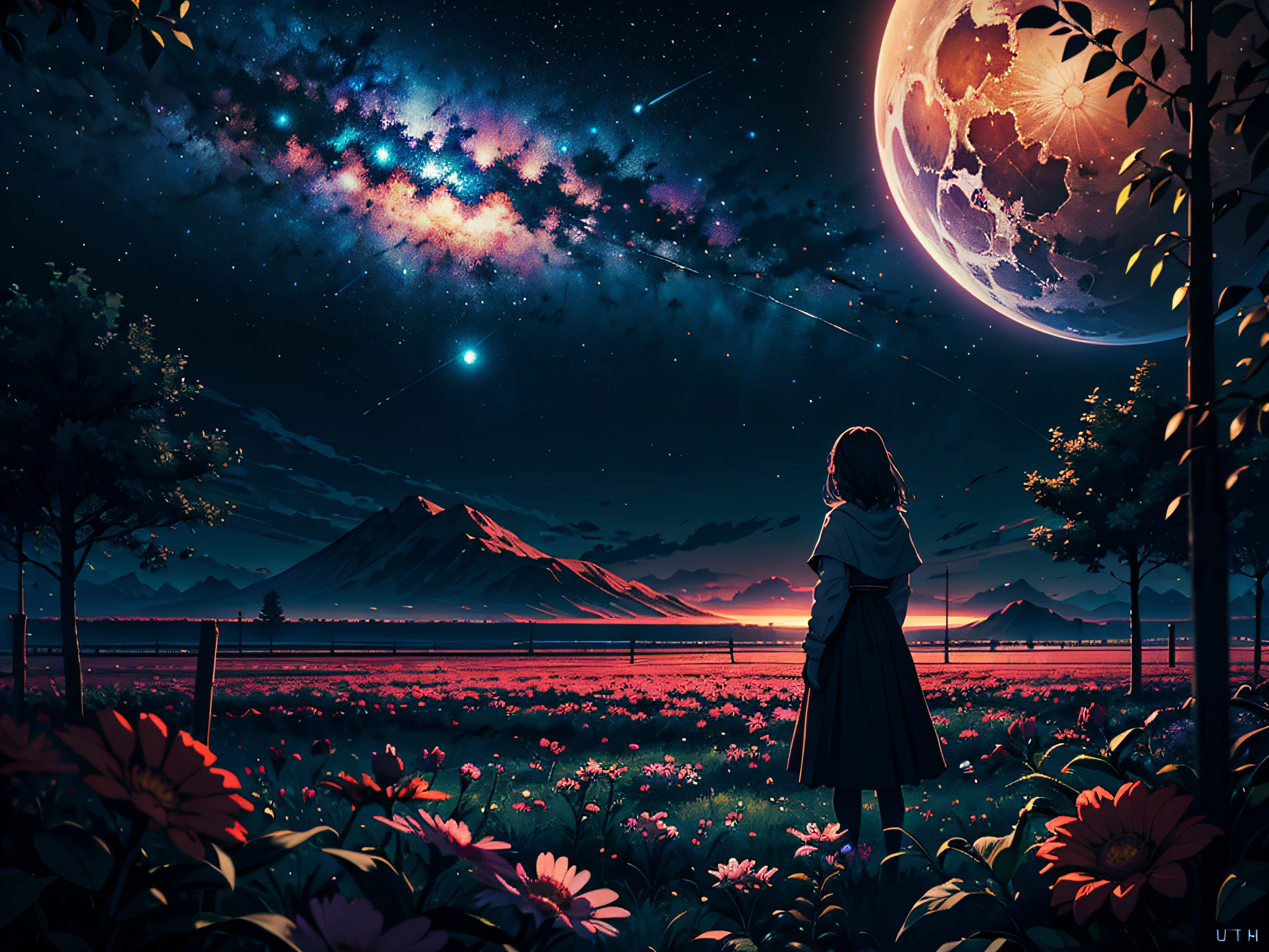 4k Landscape, beautiful stars at background, looks like a dream, sky looking extremely beautiful, ultra resolution, perfect lighting, Dark space, space photo, extremely beautiful, fantasy world, girl standing on flowers, looking at the sky, dark vibes, perfect color grading, a planet at the sky