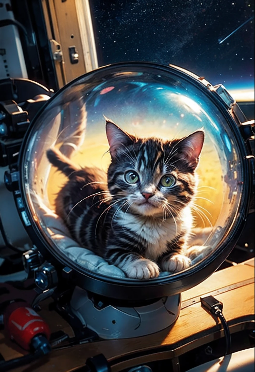 masterpiece、top-quality、top-quality、Cute kitten in spacesuit floating in space、ighly detailed、colourfull、highestdetailed、frontage