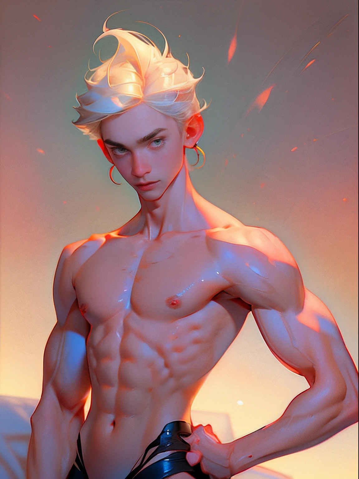 gay、musculature、macho、Hank、thick arms、barechested、nudde、twinks、asian human、chineseidol、T back、Mokkori、crotch accentuation、年轻、in her 20s、エロ、sportsman、short-haired、top-quality、masterpiece、dynamicposes、1 juvenile、30-years old、toppless、well-developed muscles、(Light bokeh)++、Convoluted、(Slight(The sheen)-)+、Elegant and sharp focus、Soft lighting、vivd colour、(masterpiece)+、(a park)++、(A detailed face)+、Heavy eyebrows、sparkly eyes、A stunning、hight resolution、Ultra HD、best qualtiy,(realisticlying:1.4), tmasterpiece, Kodak Portra 400, white bed sheet,laying down on the bed,(Face Focus:1.3),1boys ,White skinned,Show muscles, posing in the, looking at viewert , sface focus