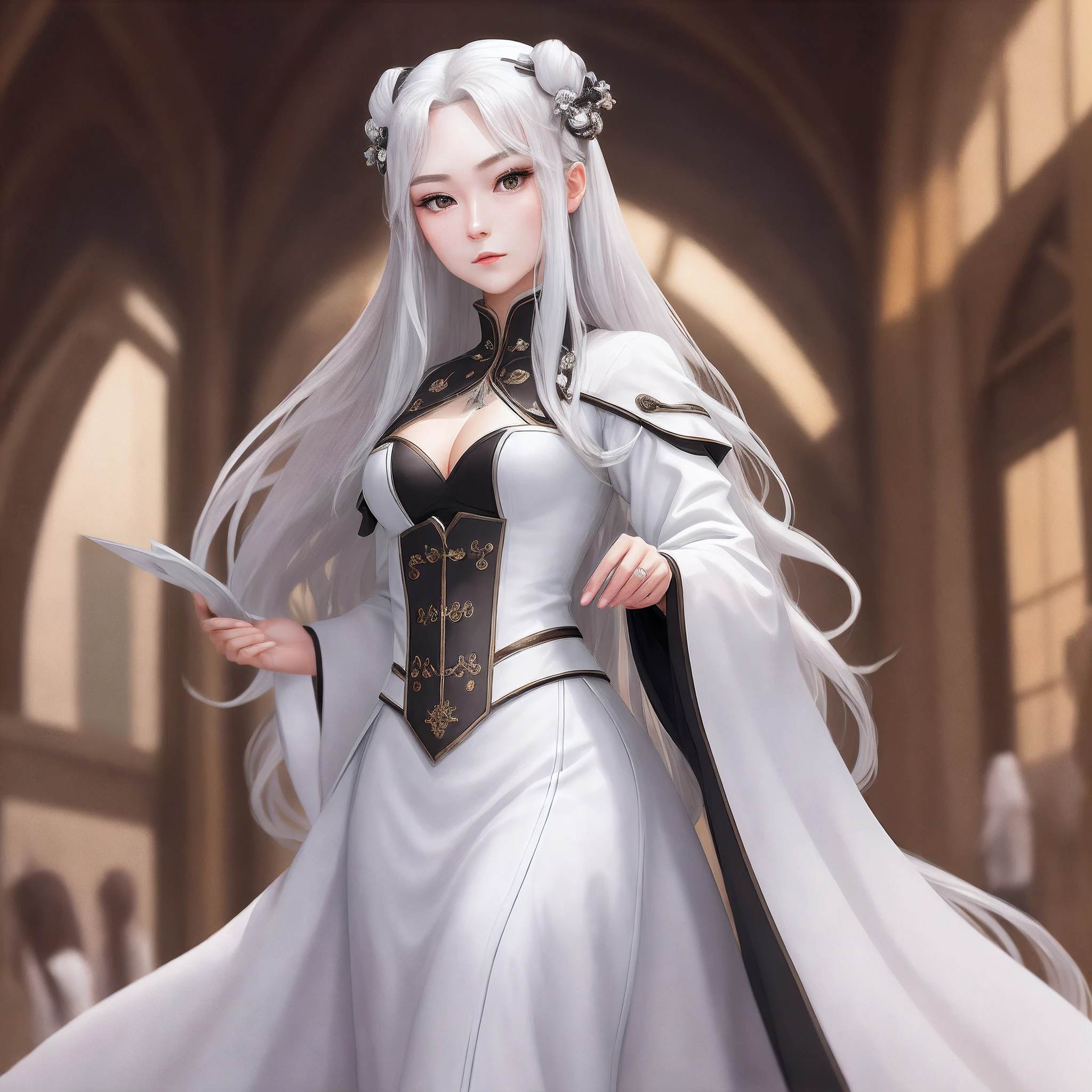 silver-white long hair,Female Master,white clothes,An expression of arrogance and conceit,Beautiful appearance,Two-dimensional cute style