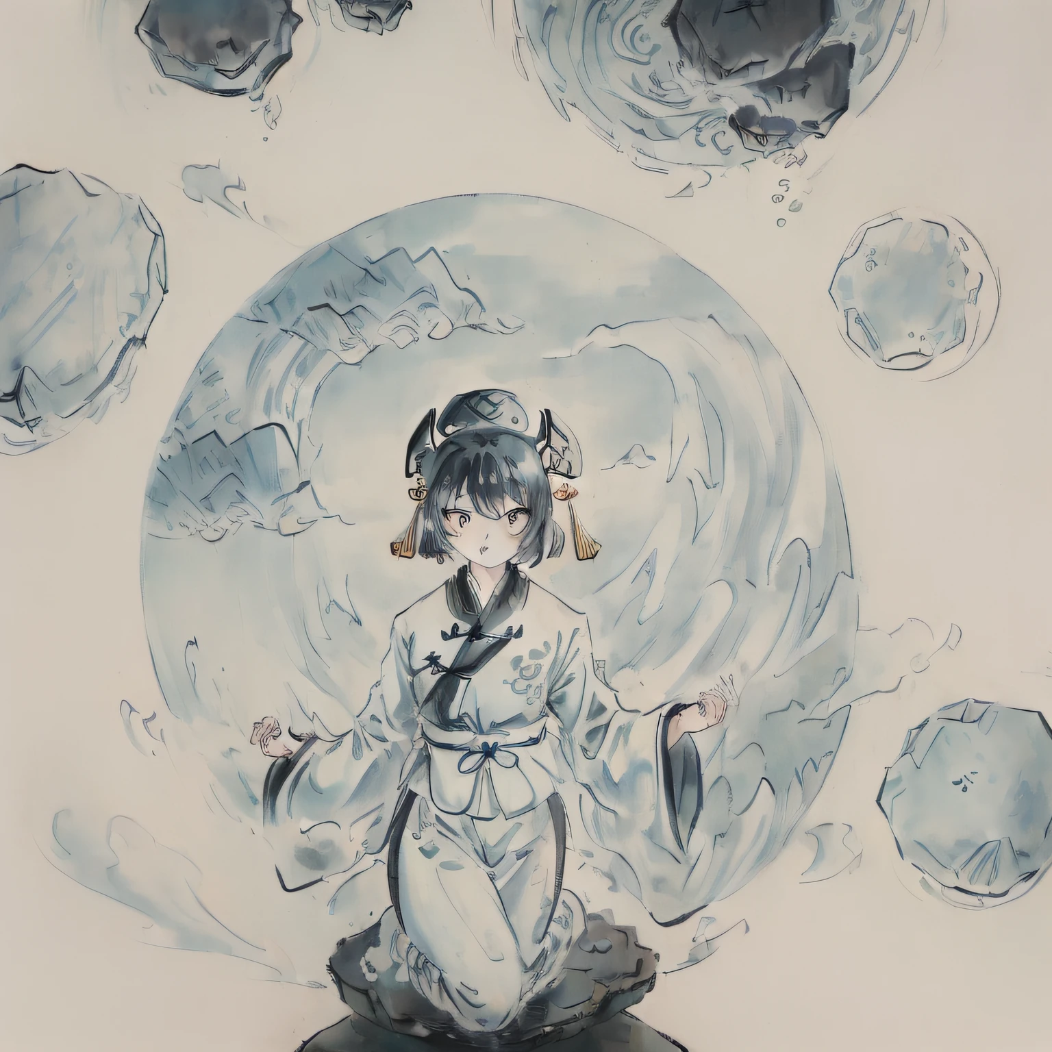 (stone gorgeous chinese borders:1.55),(best quality,extremely detailed CG unity 8k wallpaper,ultra-detailed),(best illumination,best shadow,an extremely delicate and beautiful),(ink:1.2),(graphite:0.75),(ink wash painting:1.05),(1 girl:1.15),solo,(the character is in the center of the frame:1.1),medium full shot,hanfu,taoist robes,celestial being uniform,very long hair,(a small (black:1.25) ornament),beautiful detailed eyes,black eyes,(tai chi:1.05),(yin yang:1.05),ba gua,(the bottom of the bottle background:0.85),(girl surrounded by floating ink water flow:1.1),(swirl:0.01),medium breasts,(cyan cloudy:1.15),(stratocumulus_stratiformis:1.1),(cirrus spissatus:1.1),(white lotus:1.1),(detailed lines:0.55)