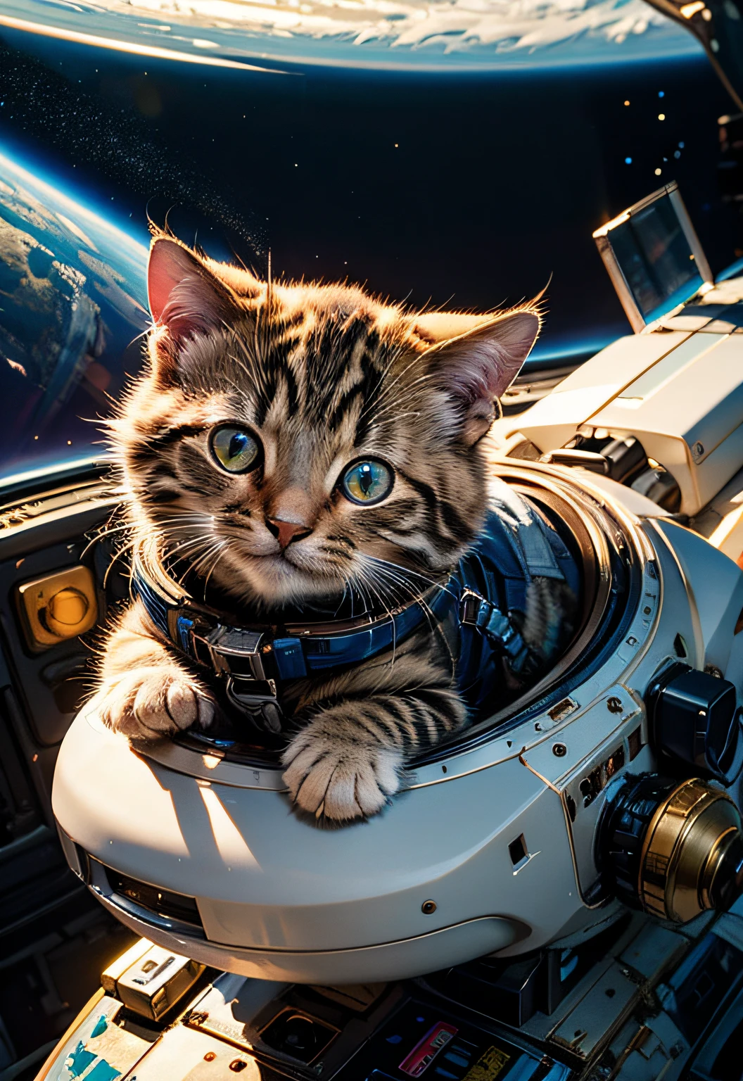 masterpiece、top-quality、top-quality、(((Cute kitten in space hat and spacesuit stares into the distance in space、ighly detailed、colourfull、highestdetailed、frontage