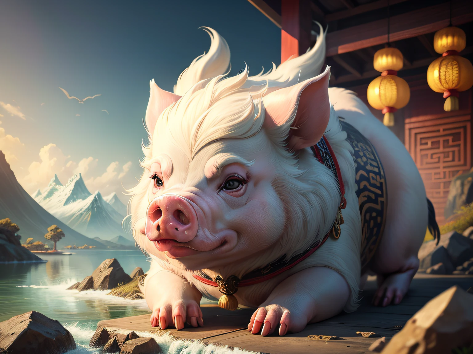 Chinese mythology and stories,Inspired by the Classic of Mountains and Seas,Close-up of a pig with chicken paws