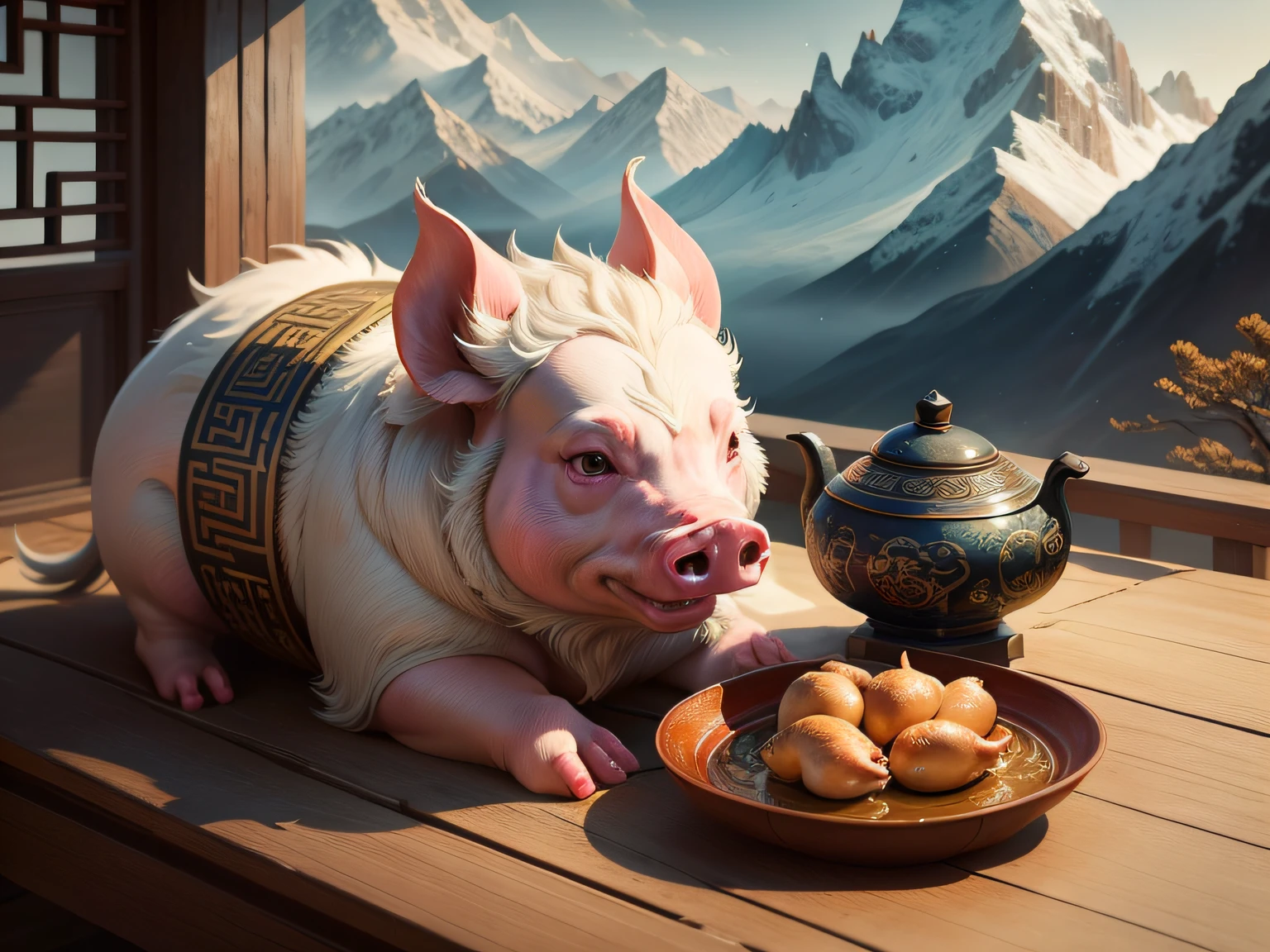 Chinese mythology and stories,Inspired by the Classic of Mountains and Seas,Close-up of a pig with chicken paws