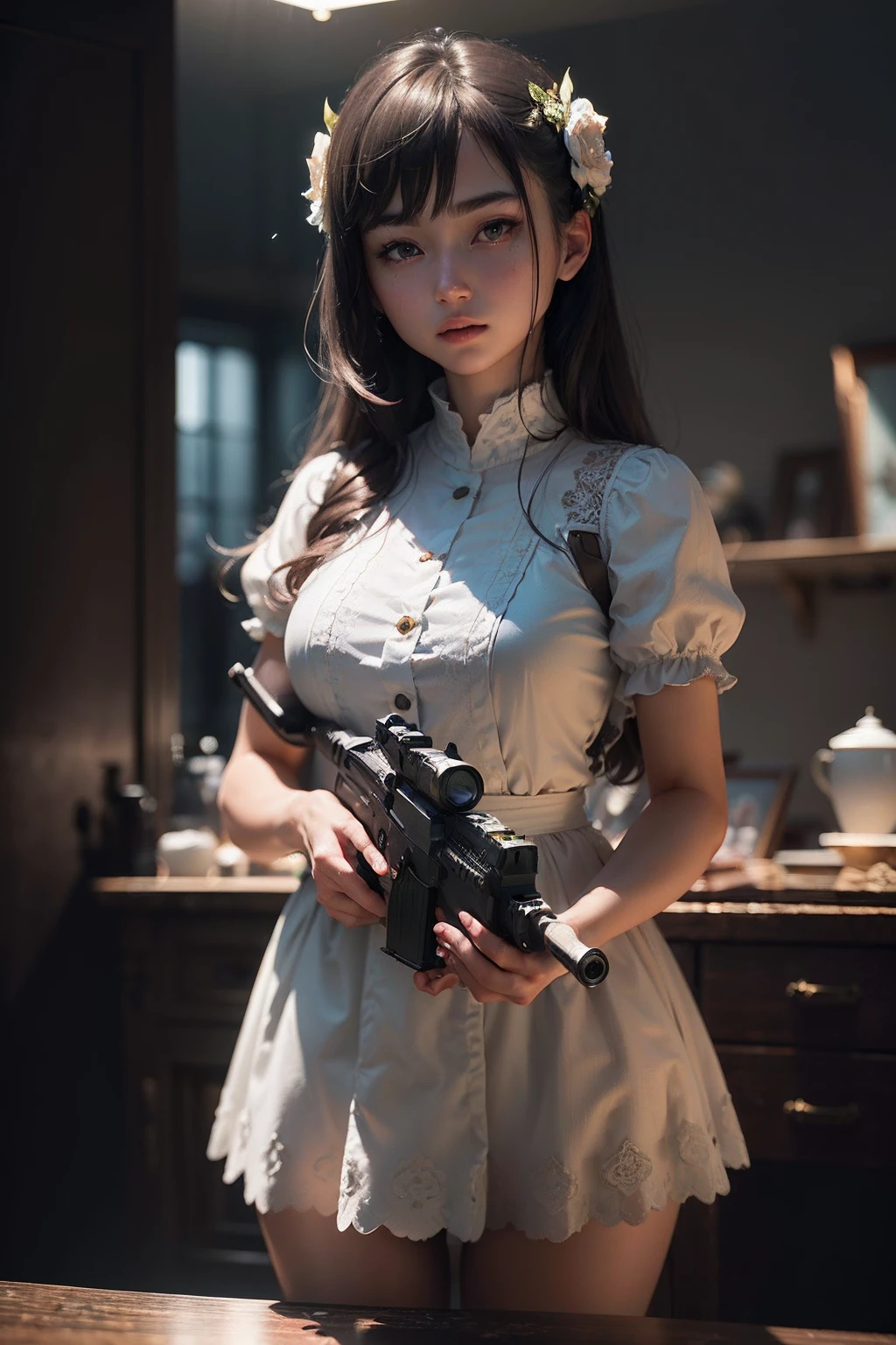 Raw photography, top-quality, masterpiece, extremely delicate and beautiful, ighly detailed, nffsw, Unity, 8K Picture Wallpaper, amazingly detail, detaile, masterpiece, top-quality, Official art, Highly detailed ticker Unity 8k wallpaper, ultra-detailliert, hight resolution, ighly detailed, Clair, Focus, (top-quality), (realisitic, Photorealsitic:1.5), 8K, Soft lighting, hightquality, lighting like a movie, 1girl in、Gripping a handgun with both hands、Holding a pistol、Peace Walker Pistol、Firing at viewers、
