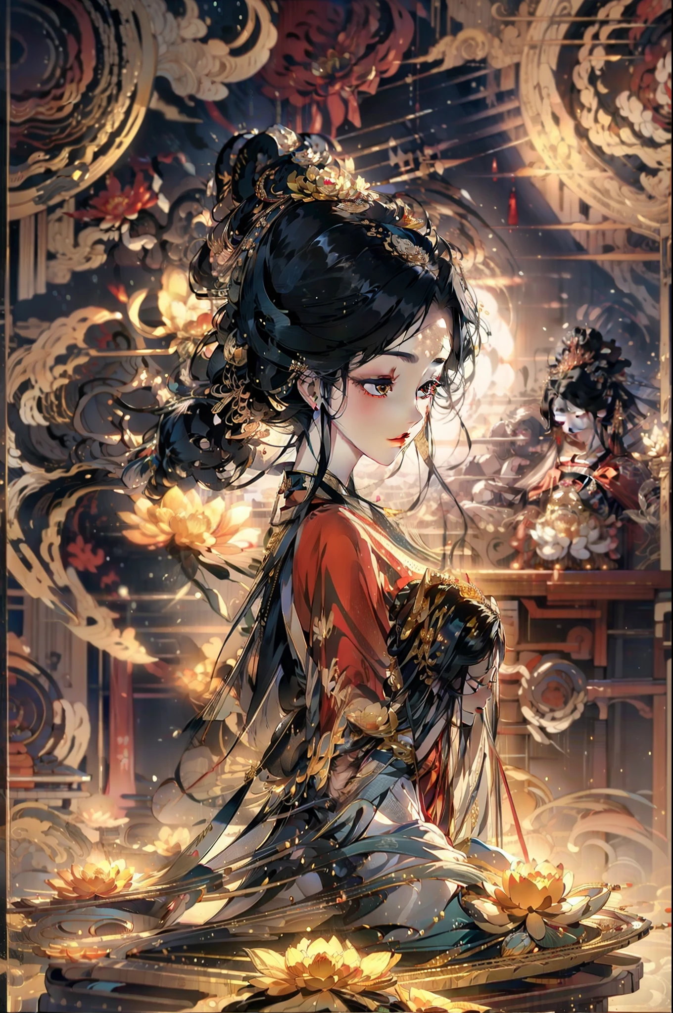 (Chinese immortals), (Buddhism), Multip_Hands,(mythological stories), (bodhisattva), She sits on a lotus, (Three hands on the left,Three hands on the right, Each hand holds a different Buddhist vessel, left right symmetry),(Delicate and beautiful face), (White silk robe)sitting on a lotus flower, Frontal photo,Light smile, neo-classical, OP Art, Chiaroscuro, Cinematic lighting, god light, Ray tracing, character sheets, projected inset, first person perspective, hyper HD, Masterpiece, ccurate, Textured skin, Super detail, High details, High quality, Award-Awarded, Best quality, A high resolution, Exquisite and perfect facial features,美丽细致的眼睛,long eyelasher,Delicate eyeliner,almond eyes,Beautiful lip details,8K high-definition,anatomy correct,Oil painting thick painting style