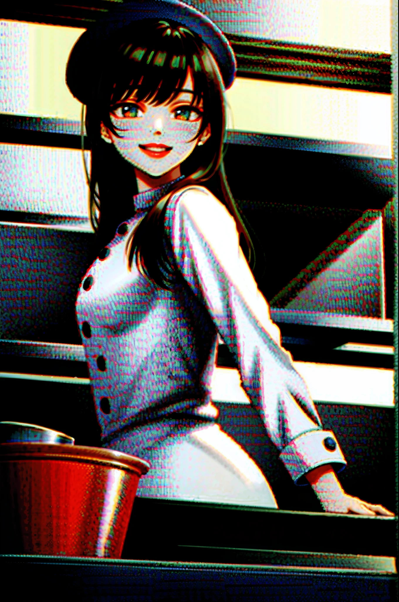 （tmasterpiece， Best quality at best， detailed back ground， intricately details）， kitchens， 1girll， cook， cooking a， brown  hair， chef's hat， chef uniform， ssmile