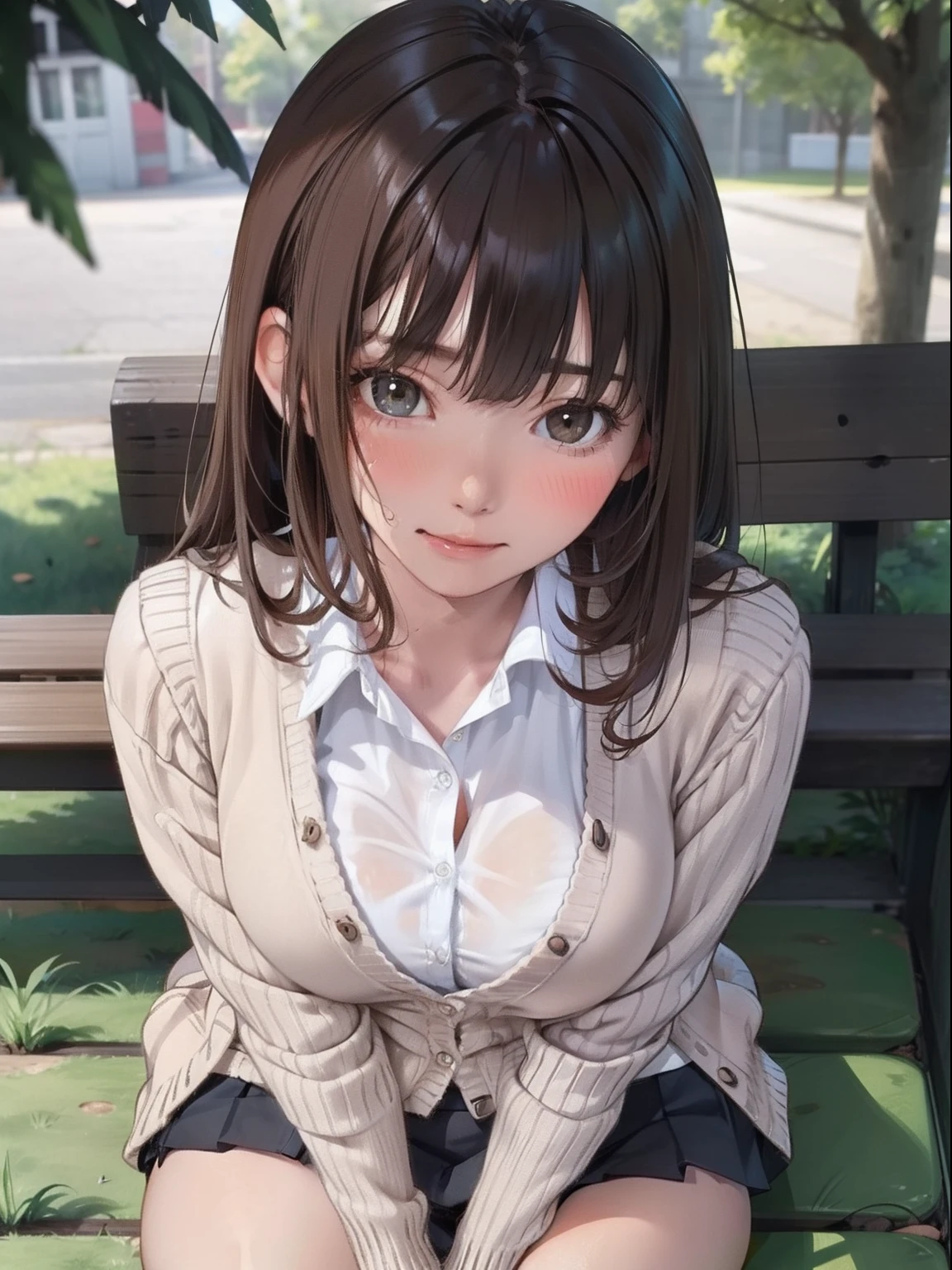 (masterpiece), (best quality), (ultra detailed), 1girl, sexy pose, blush, ((open casual cardigan:1.2)), happy, looking at viewer, large hair, brown hair, in the night park with trees,bench, shy ,sitting on ground, ((solo)) ,worry, blush, naughty,from below,slim body,(shiny skin, wet skin:0.8), sweating, rainy,side, from front, from above,long wet hear, ((show off panties)), ((show off bra)), ((skirt)),