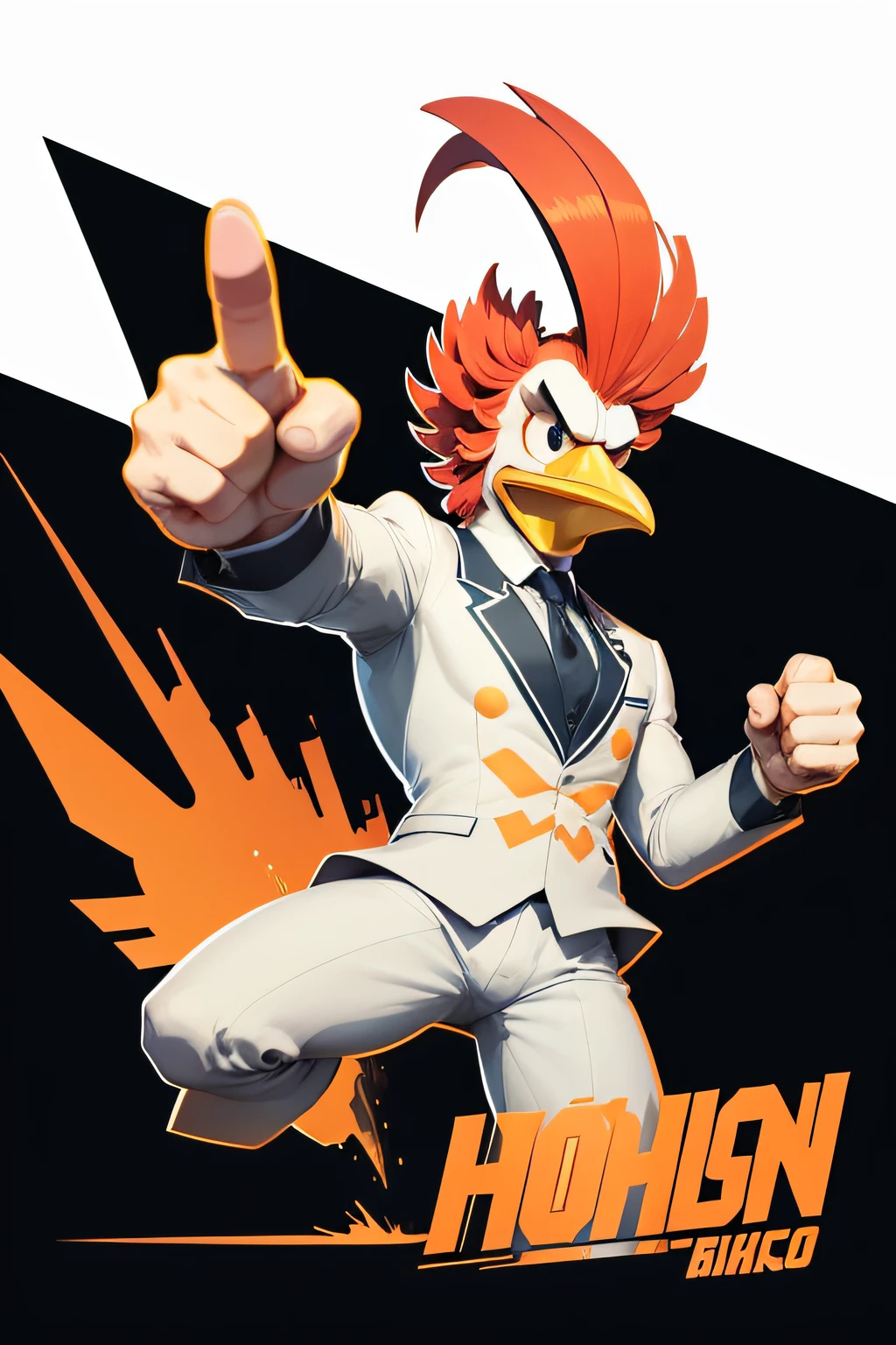 2d in outlines vector a humanoid rooster in a suit, with arms raised, making a sign of strength, all might pose, confident pose, outlined, white background, cartoon, flatten illustration, just outlines, less details, modern cartoon style, vector graphic