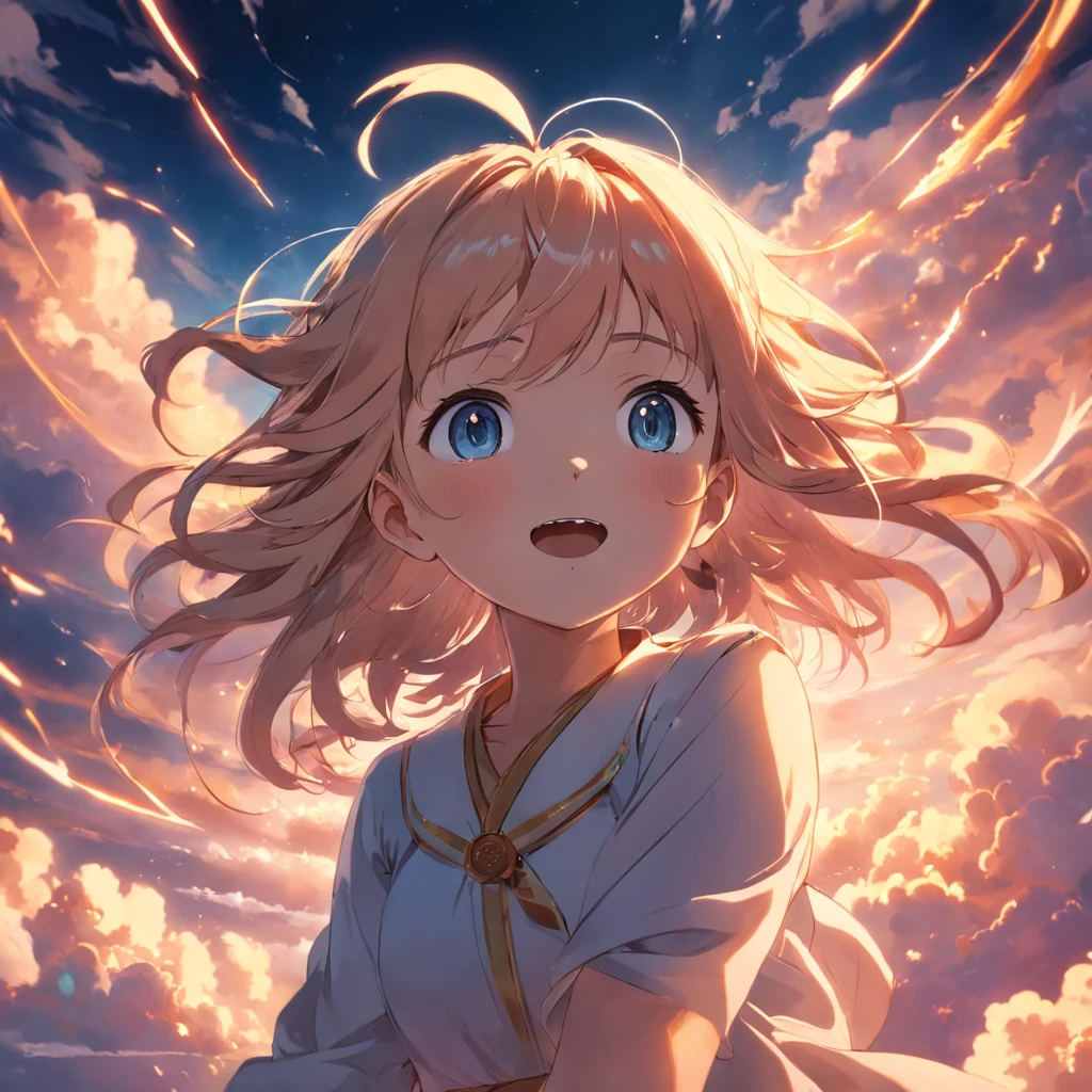 masterpiece, best quality, movie still, 1girl, cloud girl, floating in the sky, close-up, bright, happy, warm soft lighting, sunset, (sparks:0.7)