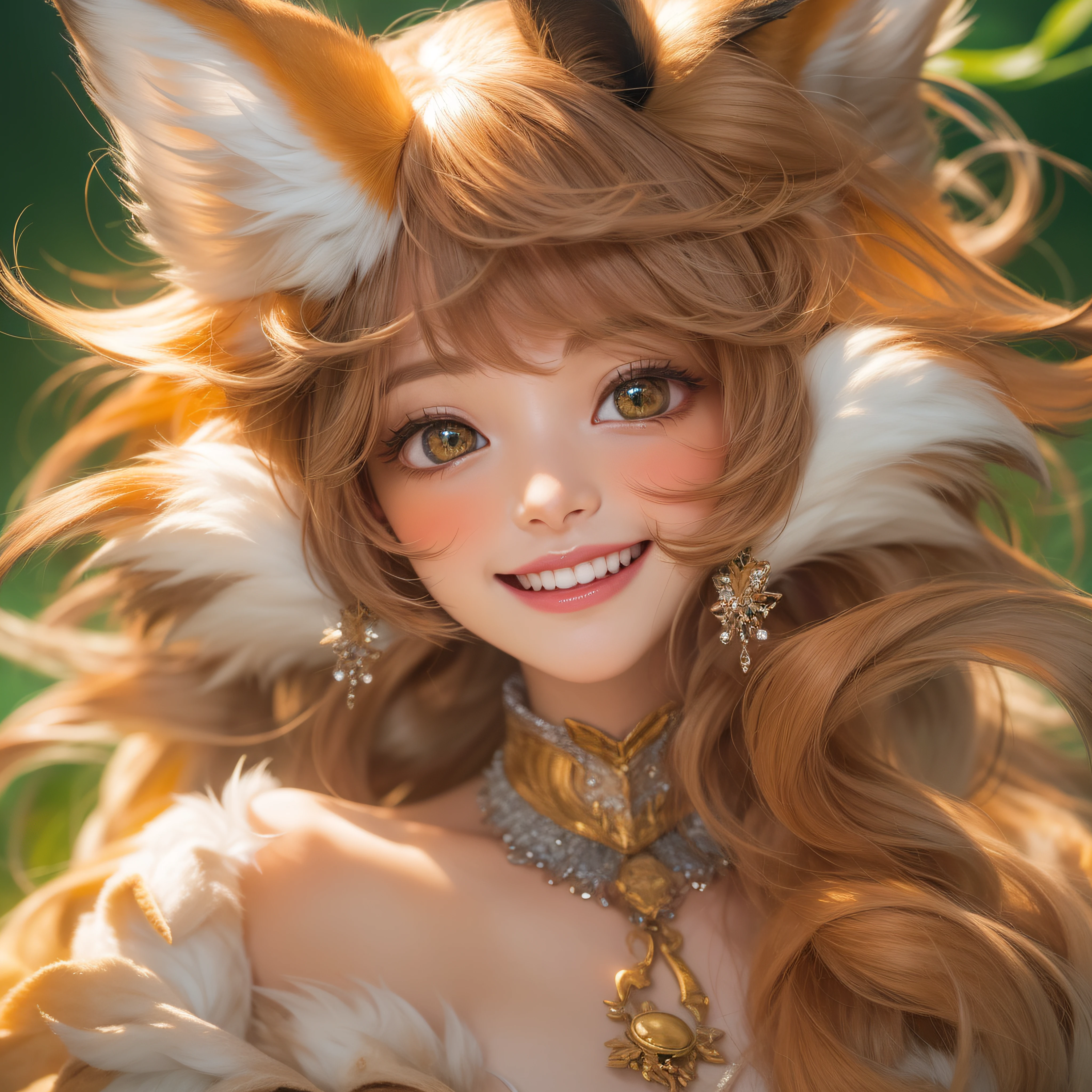 Close up of fox brown smile with open mouth、(realisitic、hight resolution)、(1 girl in)、Do-Up Eye、Korean Girl、(Best Quality), (masutepiece), (1girl in), Solo, a beauty girl, Perfect face, Big Breast,dreamlikeart、Highly detailed airbrush art((Surreal))、Volumetric lighting、(top-quality)、The ultra-detailliert、(The composition of the movement:1.4)、Highly detailed colorful details、(Bright lighting)、dynamic compositions、Ray traching、The mirror reflects light、Shallow depth of field、ultra-detailliert、mixing exposure、nffsw、Her eyes shine golden brown、Staring at the fox-colored sea。Her fox-colored face is、Full of adventure anticipation and courage.、A smile appears on fox-colored lips。 At the rear、The sun is slowly tilting to the west。Its light brings golden light to the surface of the sea、The swaying waves create a beautiful scene。Her eyes are clearly golden brown。