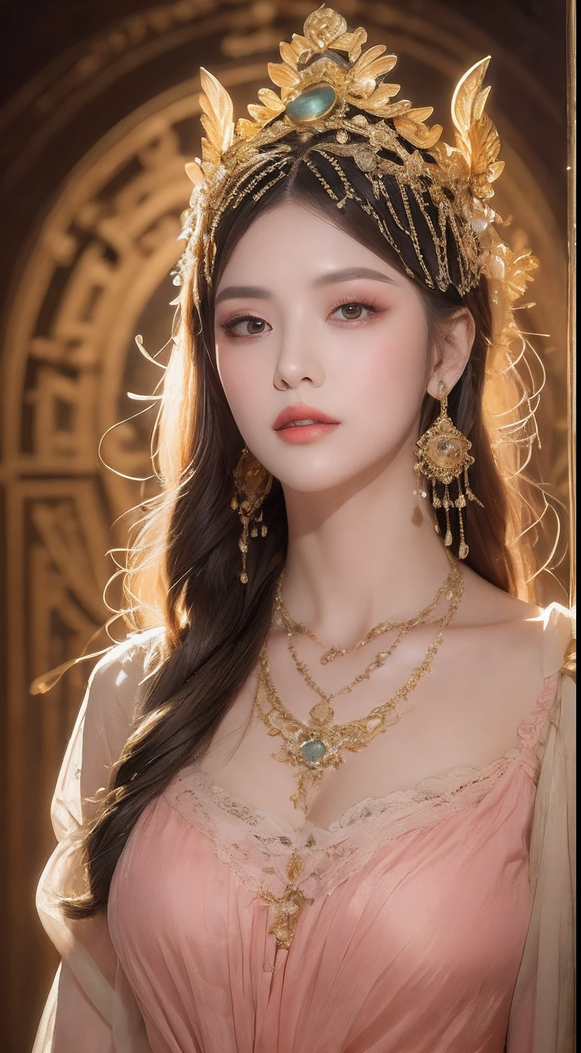 Portrait of a 27-year-old saint,Charming adult saint in a long dress made of thin silk, beautiful saint with an old face, adult, wearing a thin multicolored silk dress, beautiful face without blemishes, (((Natural smile:1.3))), ((7-color hair length:1.2)), ((even white teeth:0.5)), big crown, hair brooch, hanfu dress, chinese ancient style, full body jewelry, forehead tattoo, super even chest, face, innocent face, The most beautiful and detailed light red lipstick, ((Thin plump lips:0.3)), ((Golden Eyes:0.3)), Detailed and delicate lighting effects, light and dark, dramatic lighting, magical light, extremely detailed light, true color, super sharp, realistic, 8k quality, fantasy universe background, saints and magical space, the most detailed images, ((Solo:0.3)), ((a saintess:0.6)), ((looking directly at the saint's upper body:0.4)), ((smooth skin:0.5)), ((the holy woman's veil:0.6)),