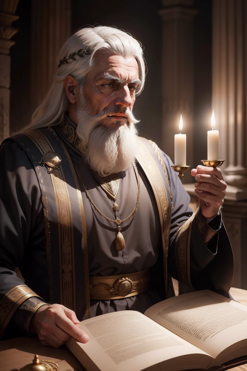 um homem velho, barbudo, vestindo roupas velhas de imperador romano, sentado em uma cadeira, escrevendo um livro, em cima de um  mesa velha, velas ao redor, ambiente pouco iluminado, Roman era