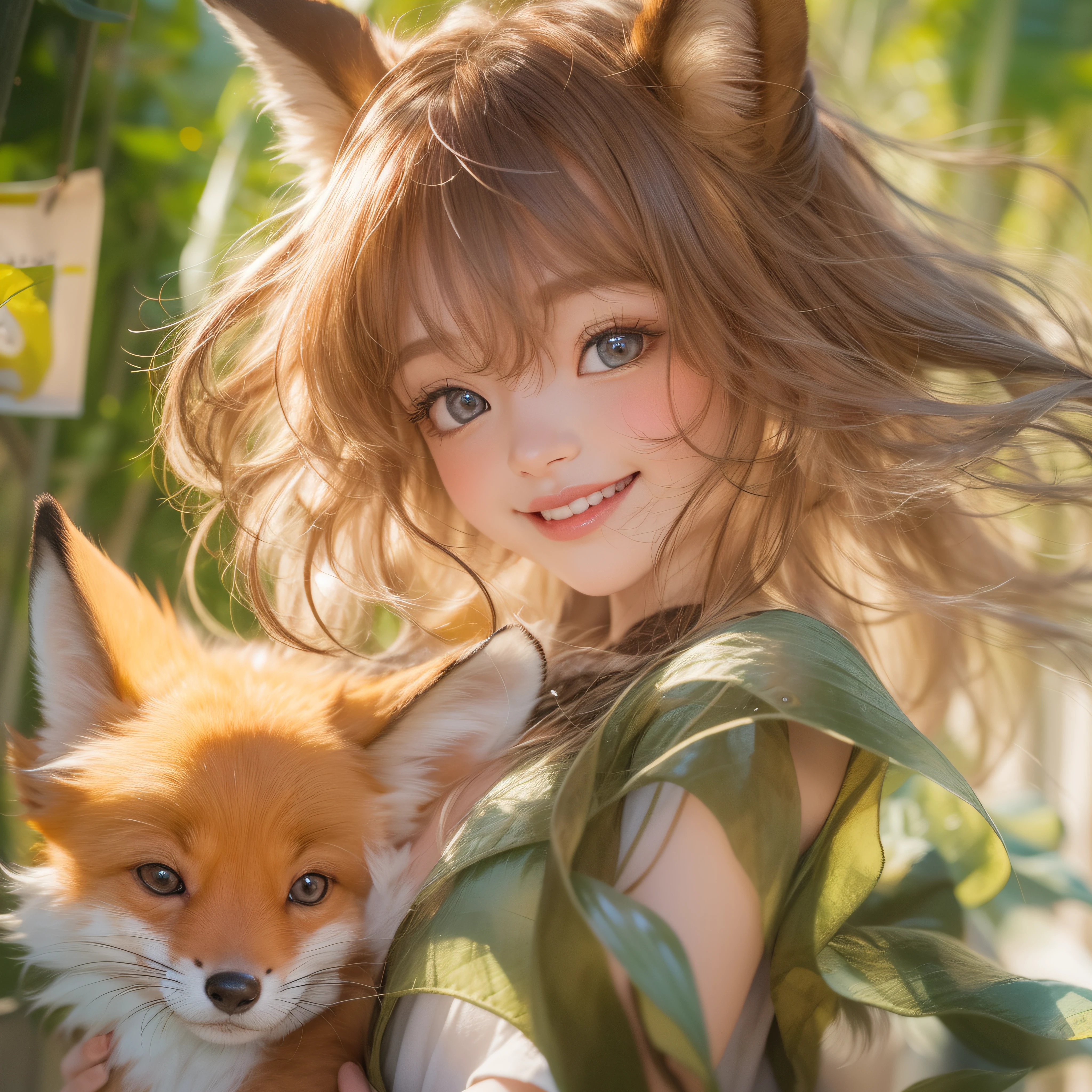 Close up of fox brown smile with open mouth、(realisitic、hight resolution)、(1 girl in)、Do-Up Eye、Korean Girl、(Best Quality), (masutepiece), (1girl in), Solo, a beauty girl, Perfect face, Big Breast,dreamlikeart、Highly detailed airbrush art((Surreal))、Volumetric lighting、(top-quality)、The ultra-detailliert、(The composition of the movement:1.4)、Highly detailed colorful details、(Bright lighting)、dynamic compositions、Ray traching、The mirror reflects light、Shallow depth of field、ultra-detailliert、mixing  exposure、nffsw、Her eyes shine golden brown、Staring at the fox-colored sea。Her fox-colored face is、Full of adventure anticipation and courage.、A smile appears on fox-colored lips。 At the rear、The sun is slowly tilting to the west。Its light brings golden light to the surface of the sea、The swaying waves create a beautiful scene。Her eyes are clearly golden brown。