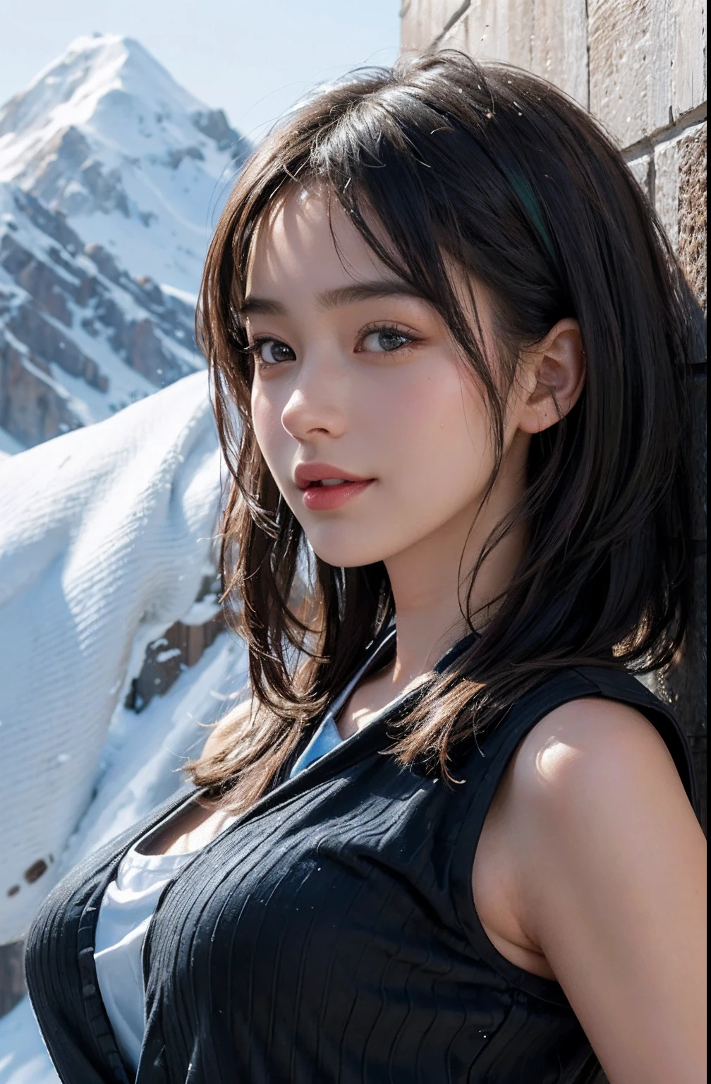 (A hyper-realistic), (illustratio), (hight resolution), (8K), (ighly detailed), (The best illustrations), (beatiful detailed eyes), (top-quality), (ultra-detailliert), (masterpiece), (wall-paper), (detailed face), droopy eyes,full of sweat,Upper body close-up,Armpit,short-hair,inner colored,solo,Girl in simple ski wear, japanes, Colossal tits、A smile, snow mountain