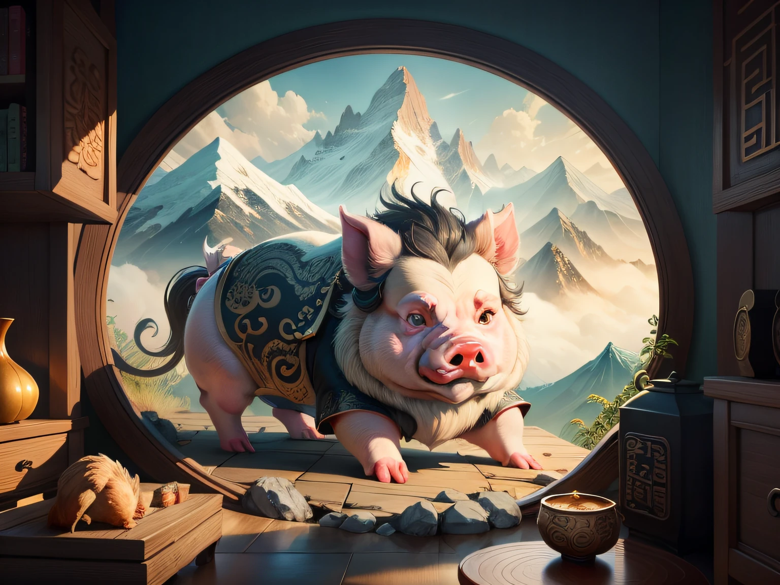 Chinese mythology and stories,Inspired by the Classic of Mountains and Seas,Close-up of a pig with chicken paws