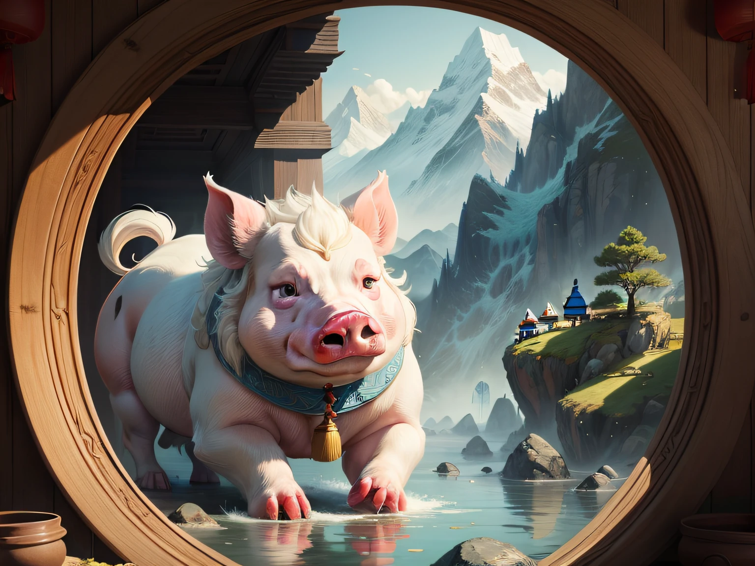 Chinese mythology and stories,Inspired by the Classic of Mountains and Seas,Close-up of a pig with chicken paws